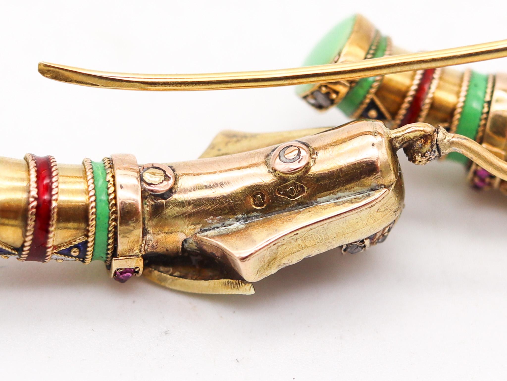 Carl Bacher 1870 Austrian Enameled Egyptian Revival Earrings In 18Kt Gold & Gems For Sale 1