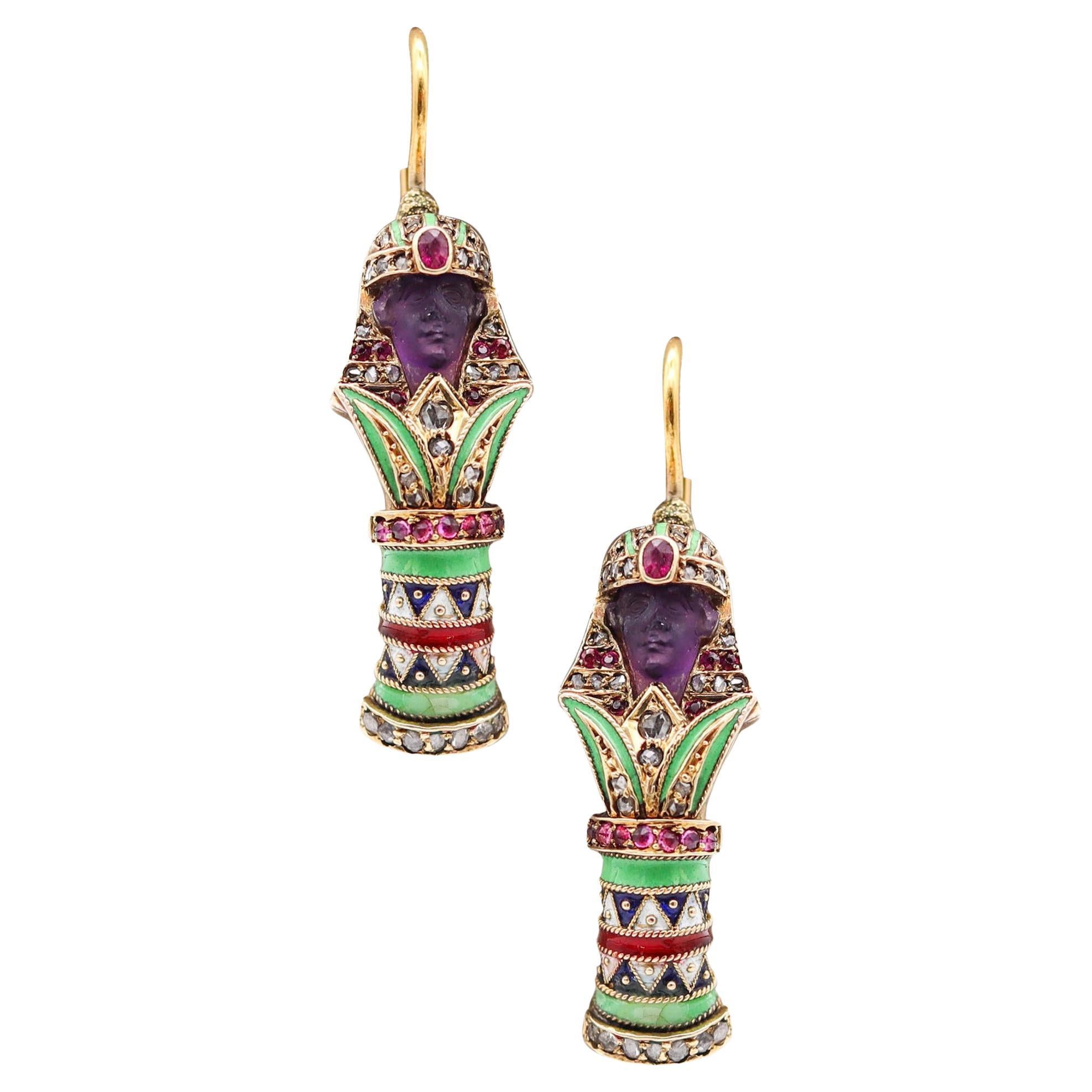 Carl Bacher 1870 Austrian Enameled Egyptian Revival Earrings In 18Kt Gold & Gems For Sale