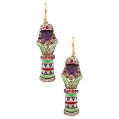 Antique Carl Bacher 1870 Austrian Enameled Egyptian Revival Earrings In 18Kt Gold & Gems