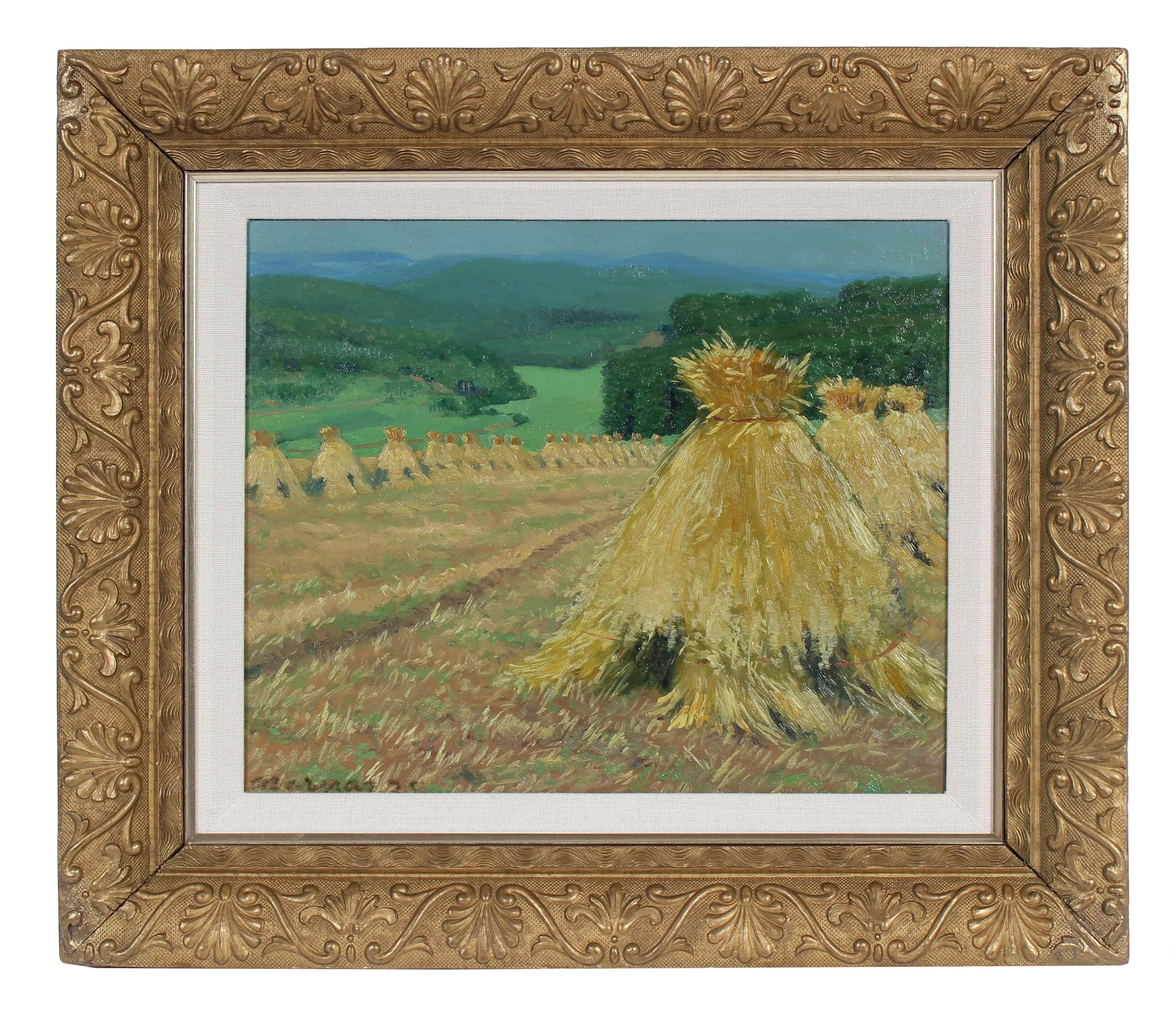 Carl Barnas Landscape Painting - "Oat Harvest" German Impressionist Oil Painting, Circa 1925