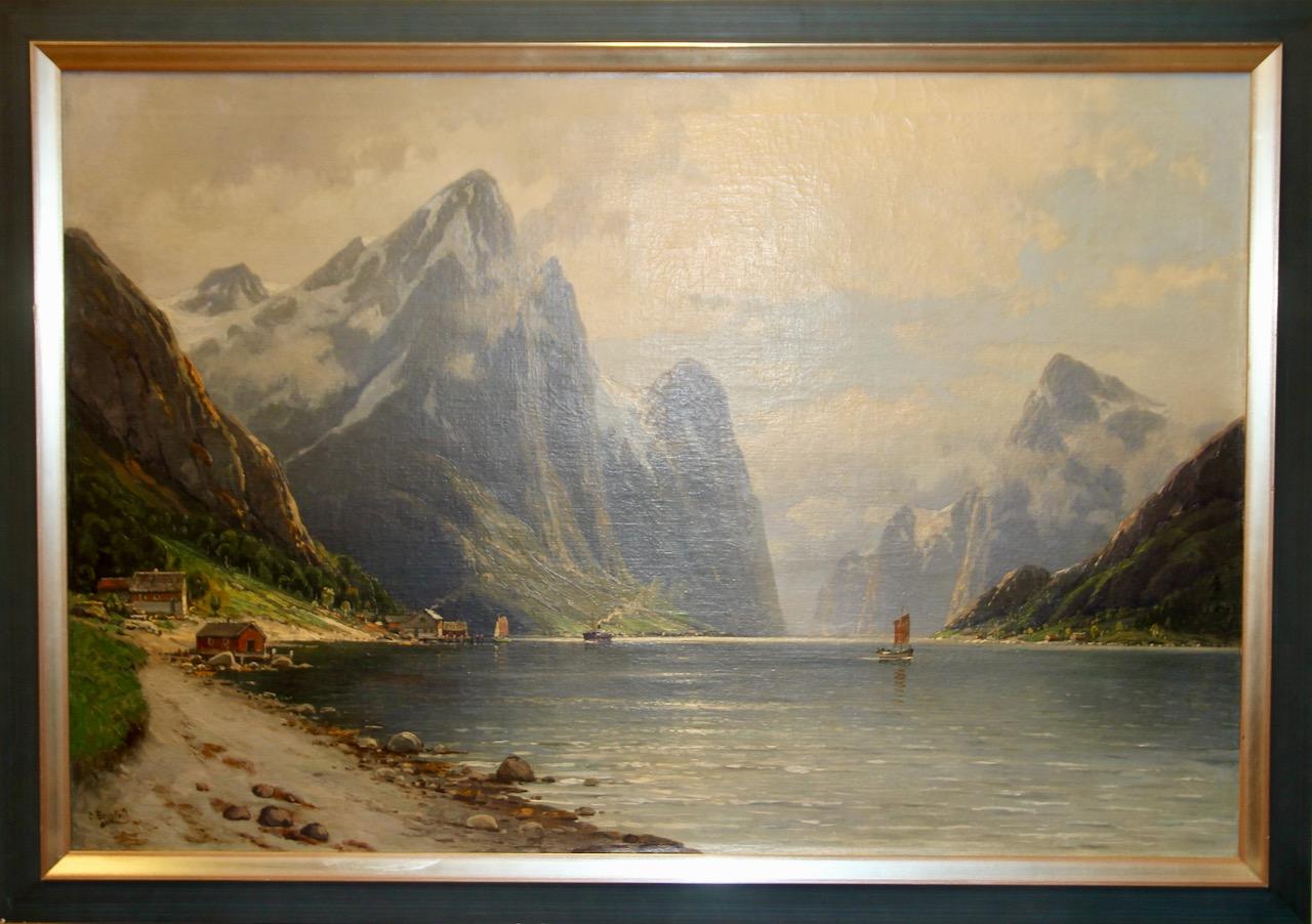 Antikes Ölgemälde von Carl Bergfeld, „Fjord Idyll“, nordische Fjord-Landschaftslandschaft, Fjord im Angebot 1