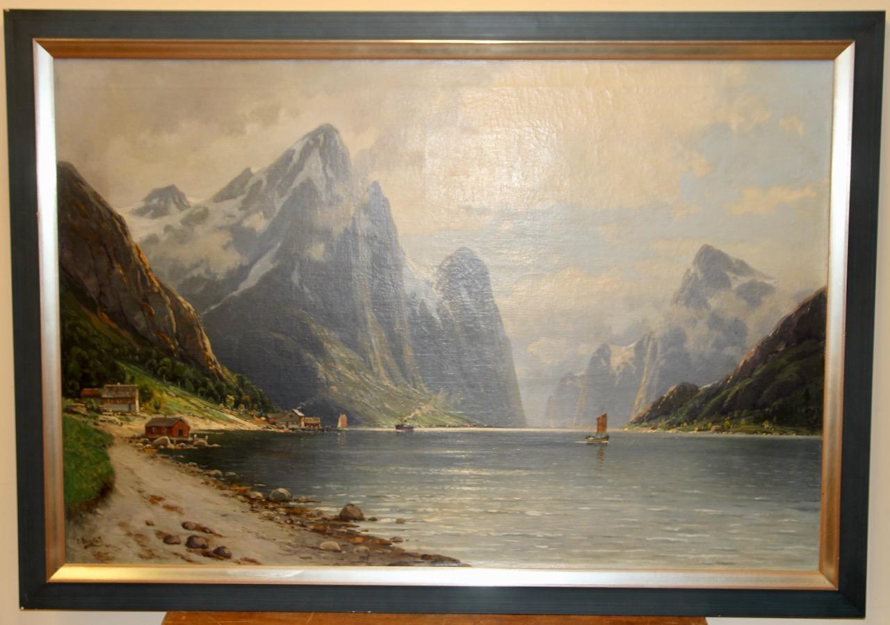 Antikes Ölgemälde von Carl Bergfeld, „Fjord Idyll“, nordische Fjord-Landschaftslandschaft, Fjord im Angebot 2