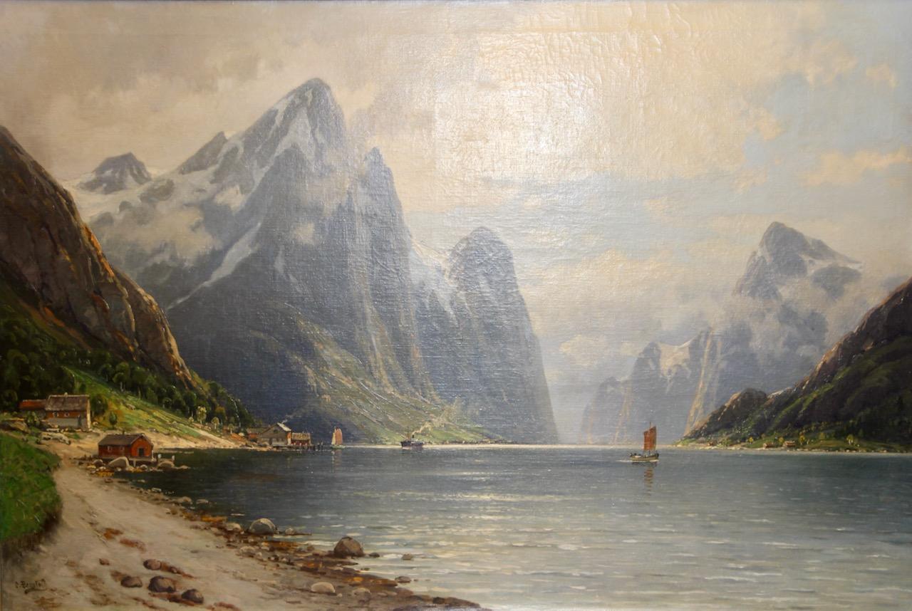 Antikes Ölgemälde von Carl Bergfeld, „Fjord Idyll“, nordische Fjord-Landschaftslandschaft, Fjord im Angebot 3