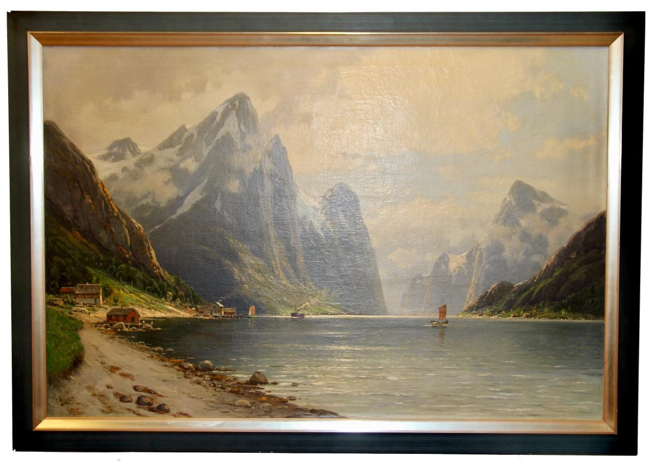 "Fjord Idyll by Carl Bergfeld" fjord landscape:

This painting, masterfully created by Carl Bergfeld and signed in the bottom right corner, celebrates the majestic beauty of a fjordland. With a proud frame size of H 94 cm x W 134 cm, it takes the