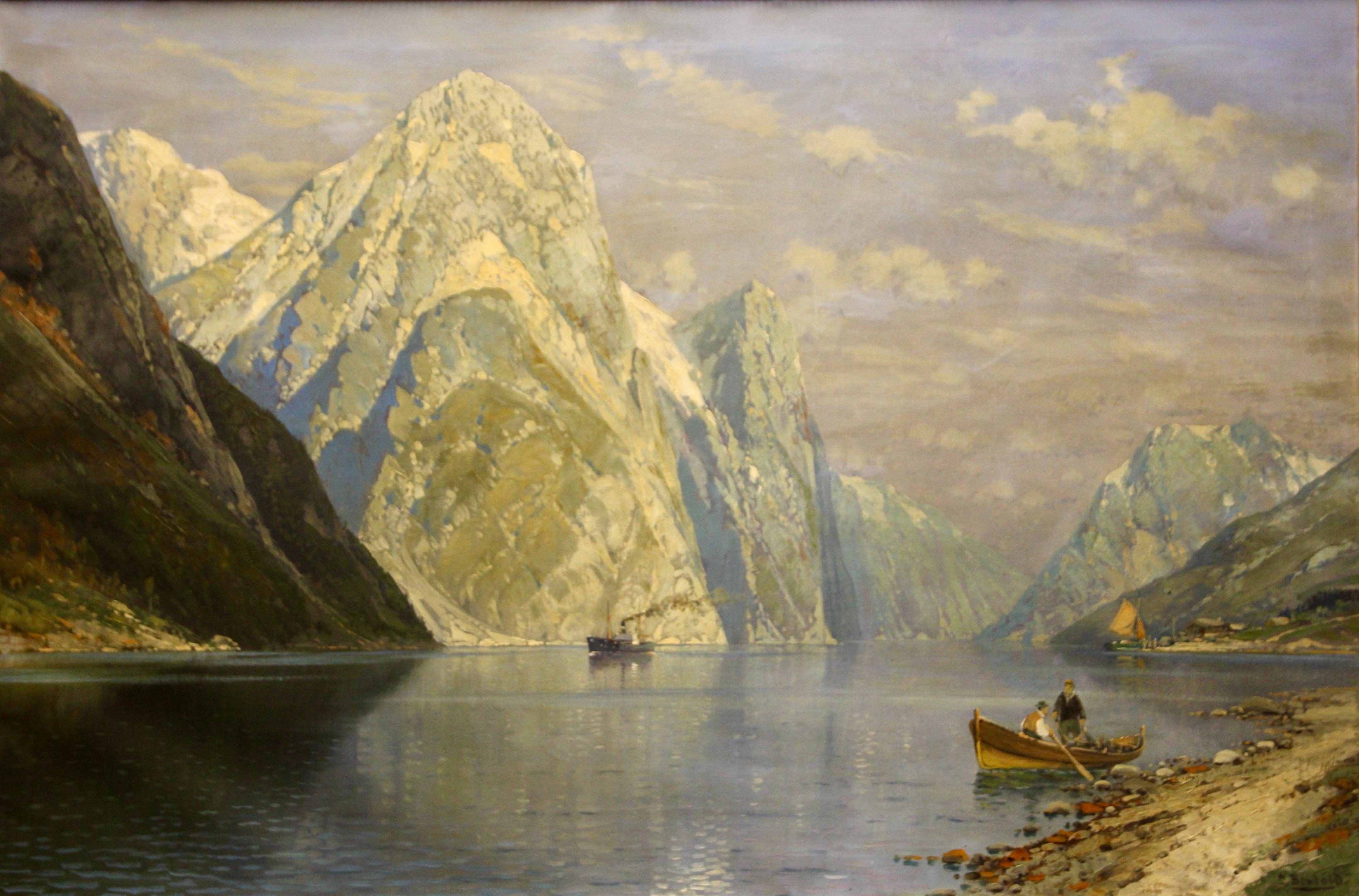Carl Bertold, Nordic Fjord Mountain Landscape in Sunlight, oil on canvas For Sale 1