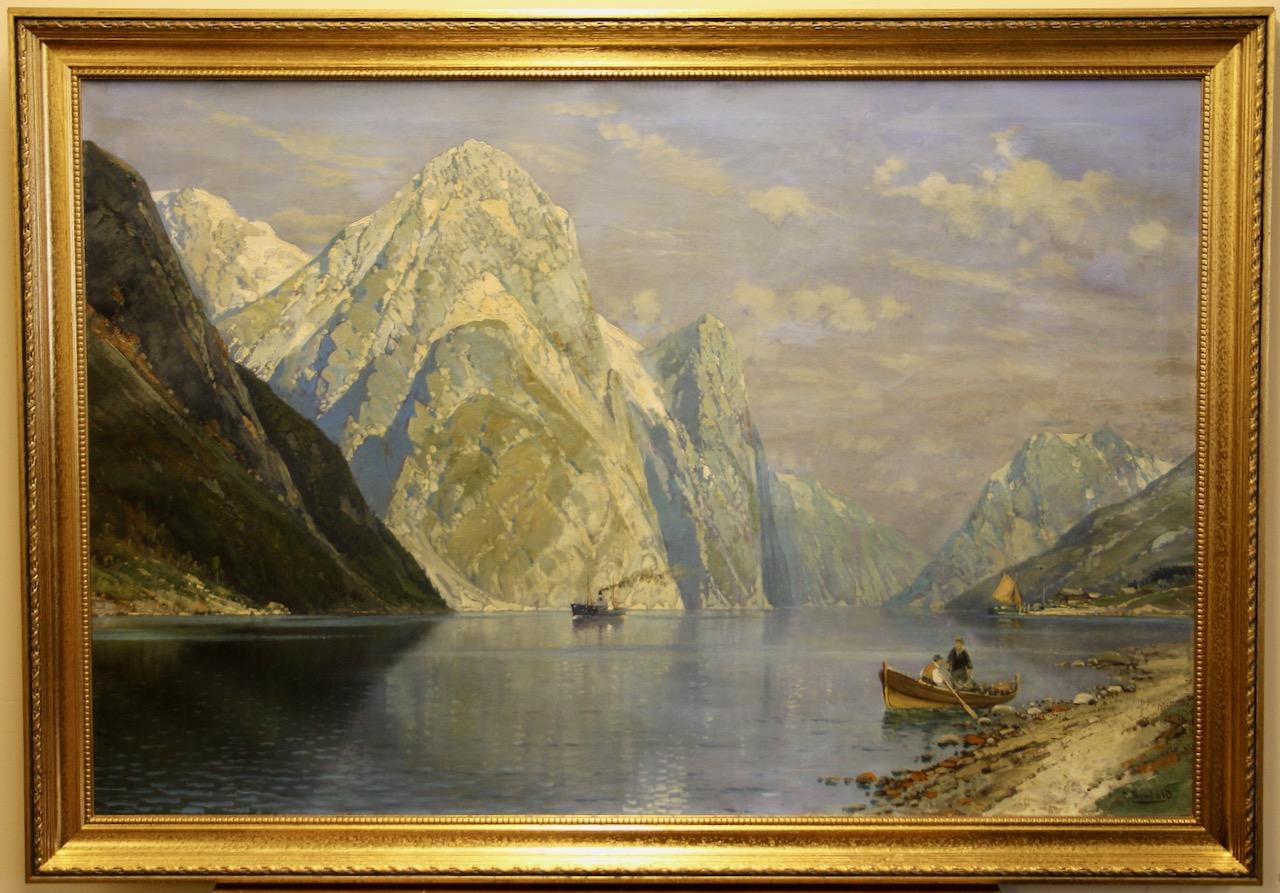 Carl Bertold, Nordic Fjord Mountain Landscape in Sunlight, oil on canvas For Sale 2
