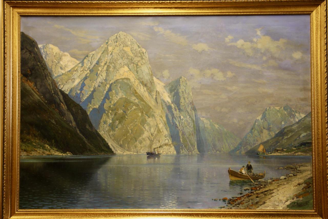 Carl Bertold, Nordic Fjord Mountain Landscape in Sunlight, oil on canvas For Sale 3