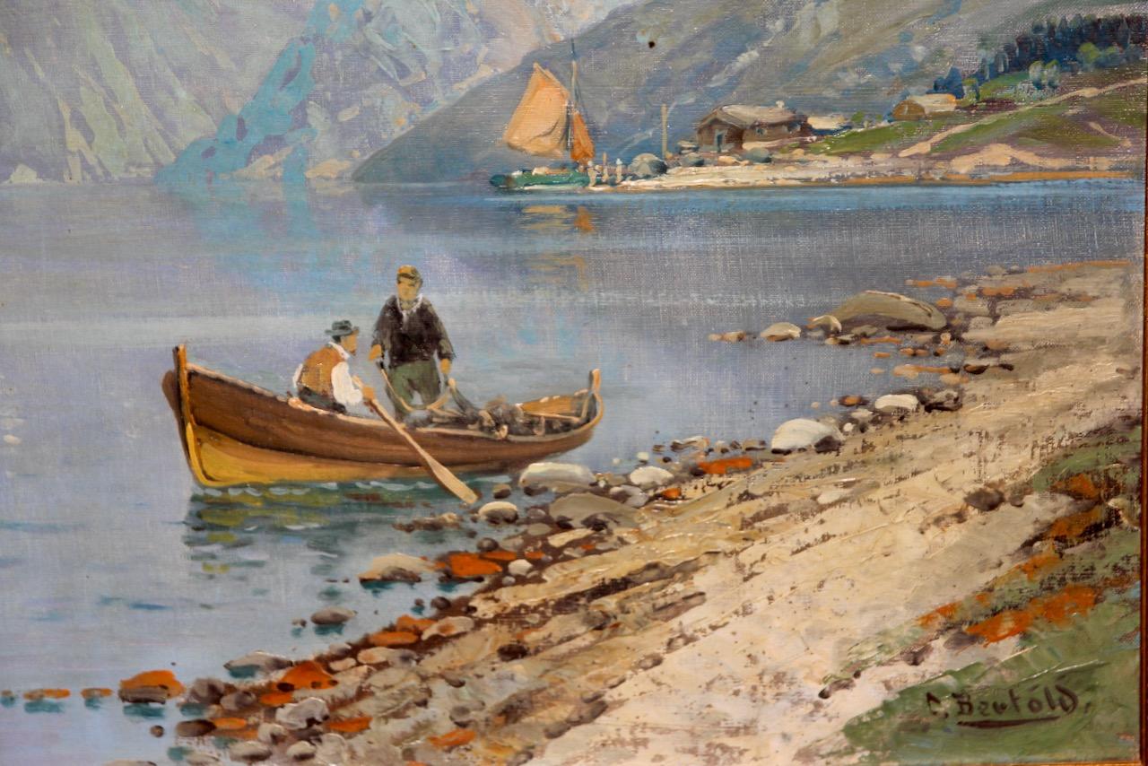 Carl Bertold, Nordic Fjord Mountain Landscape in Sunlight, oil on canvas For Sale 4