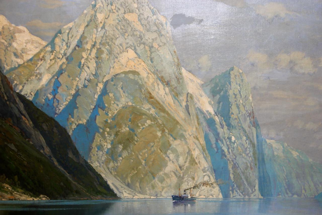 Carl Bertold, Nordic Fjord Mountain Landscape in Sunlight, oil on canvas For Sale 6