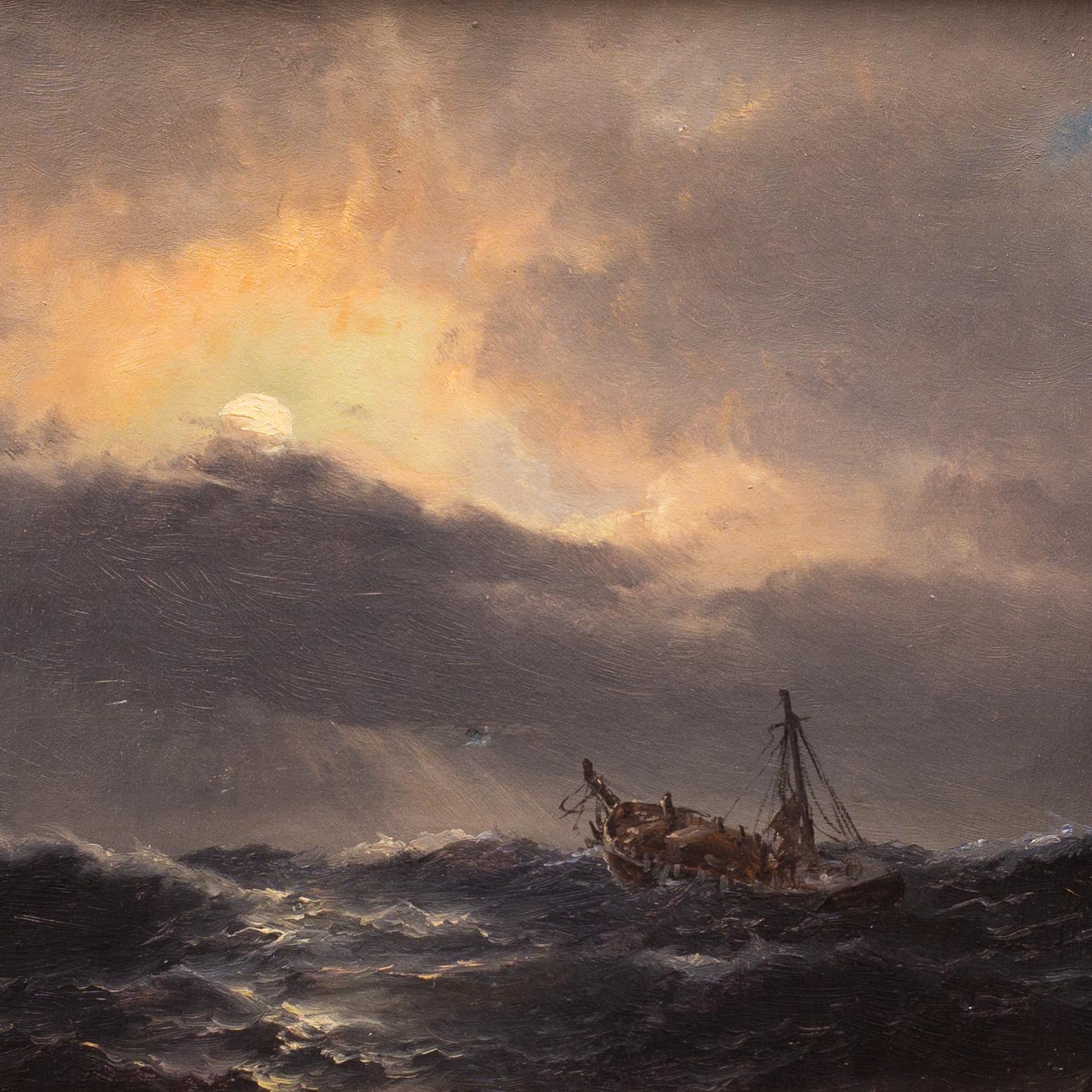 A beautiful maritime painting by Danish artist Carl Bille (1815-1898). 
He is best known for his dramatic depictions of the sea, often with stormy weather, both daylight and 
moonlight appear in his paintings. 

oil on paper mounted on canvas