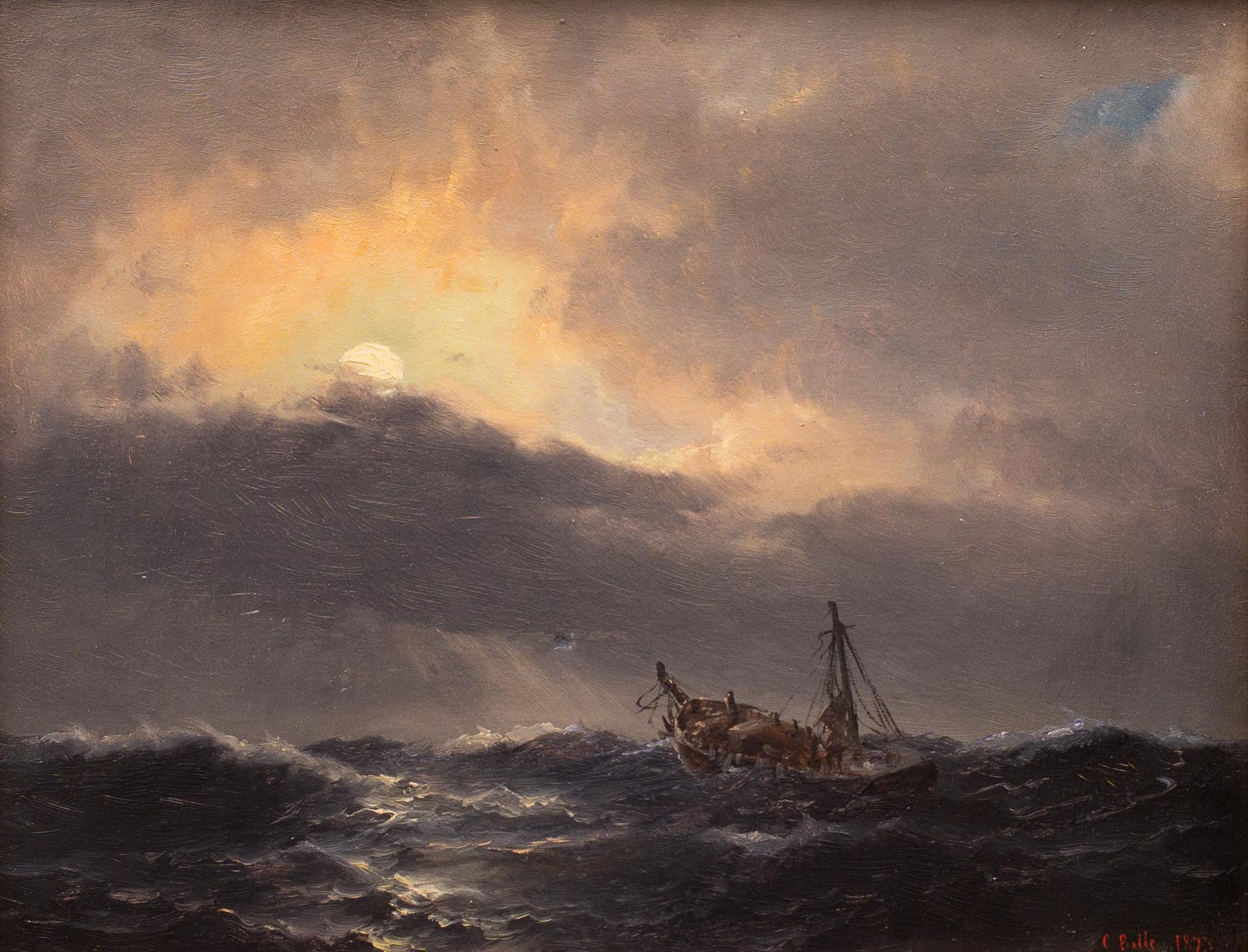 A Ship in Stormy Seas by Danish Artist Carl Bille, 1873, Maritime Art