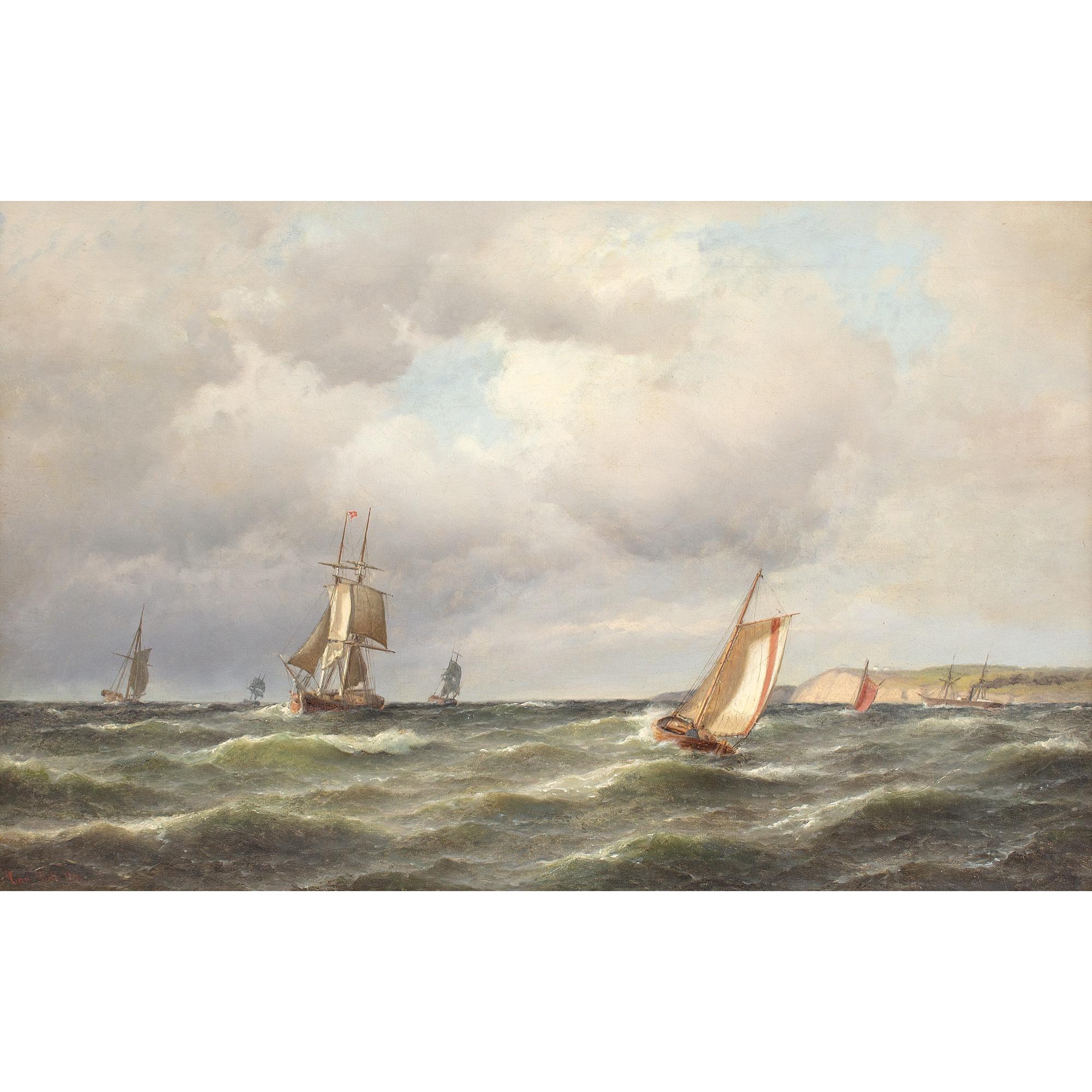 Carl Bille, Escena marina costera con barcos y cielo nublado 1