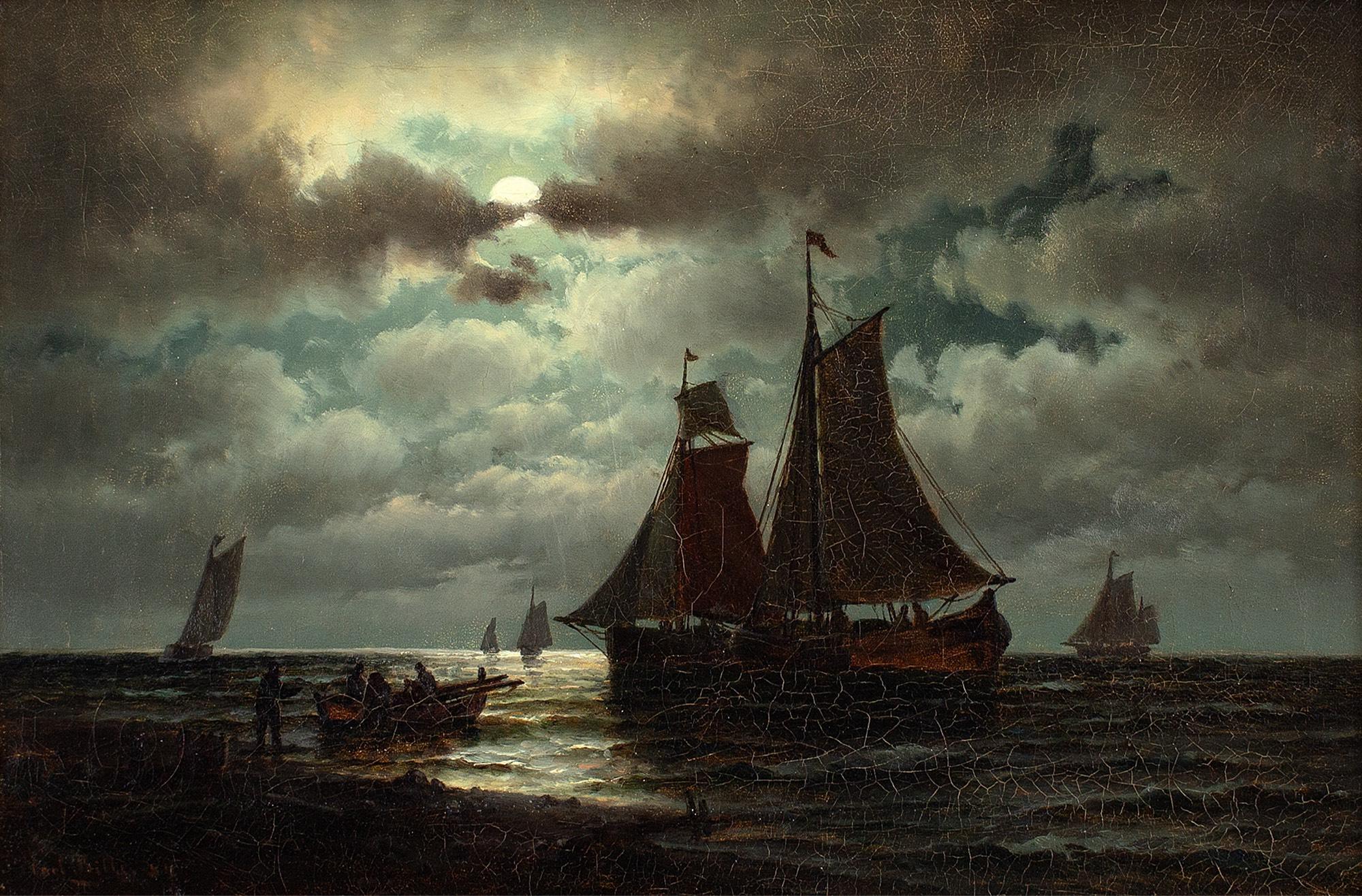 Carl Bille, Coastal Nocturne With Sailboats, Oil Painting  1