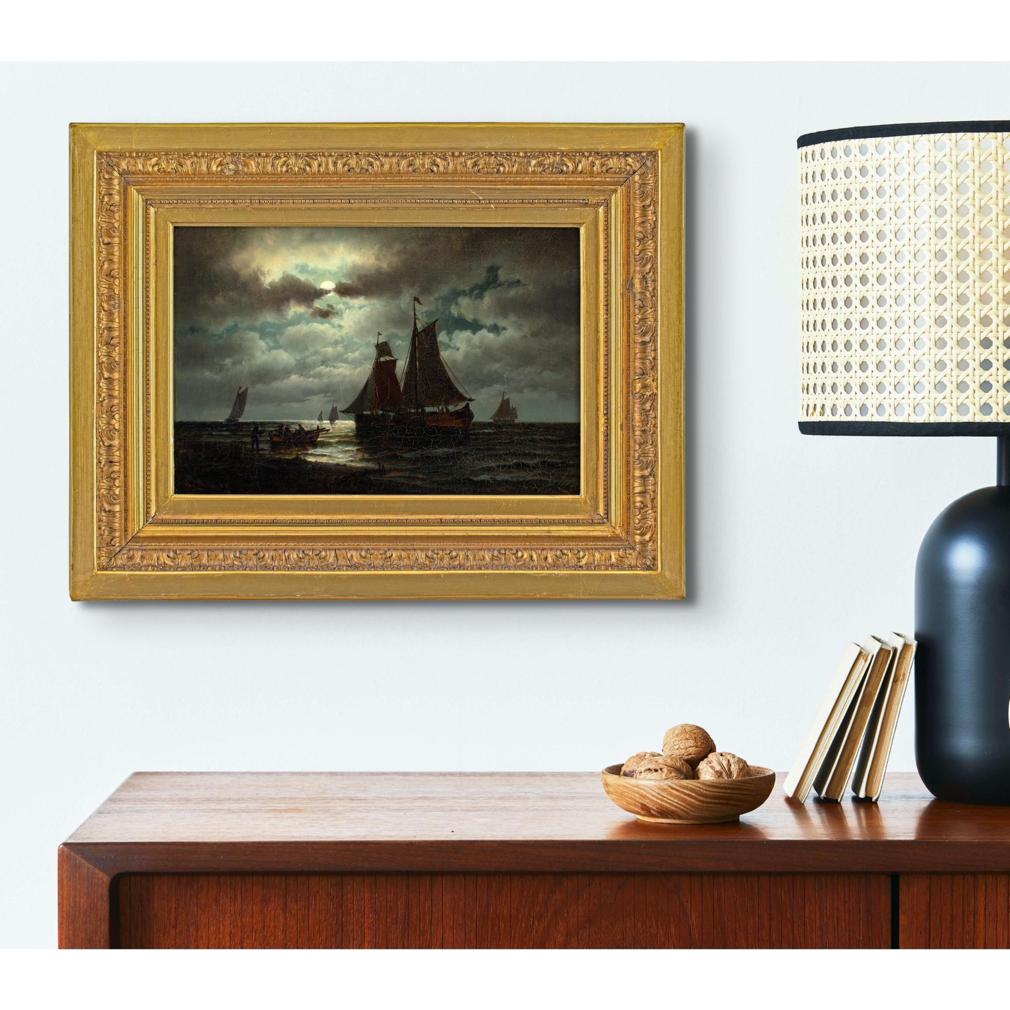Carl Bille, Coastal Nocturne With Sailboats, Oil Painting 3