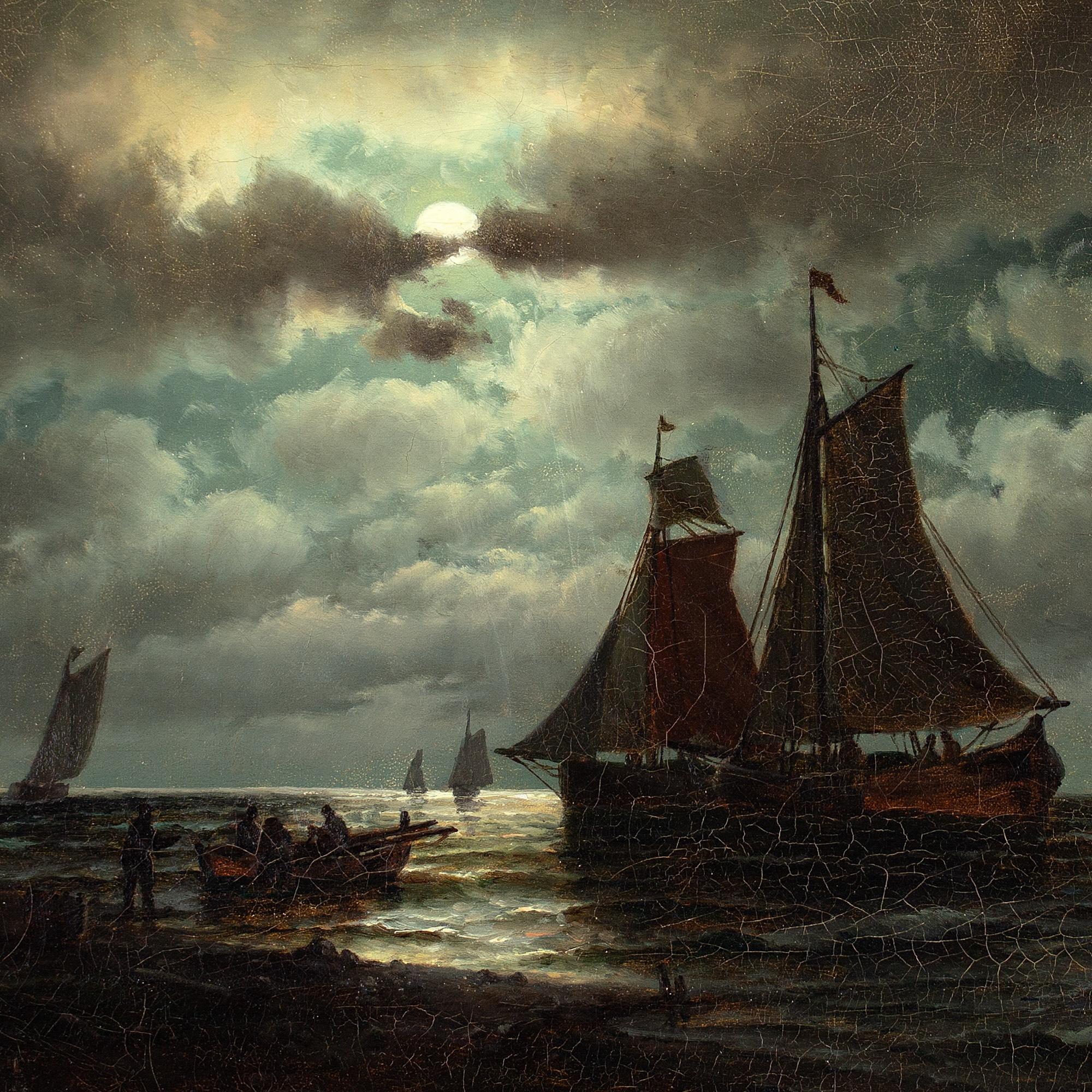 Carl Bille, Coastal Nocturne With Sailboats, Oil Painting  4
