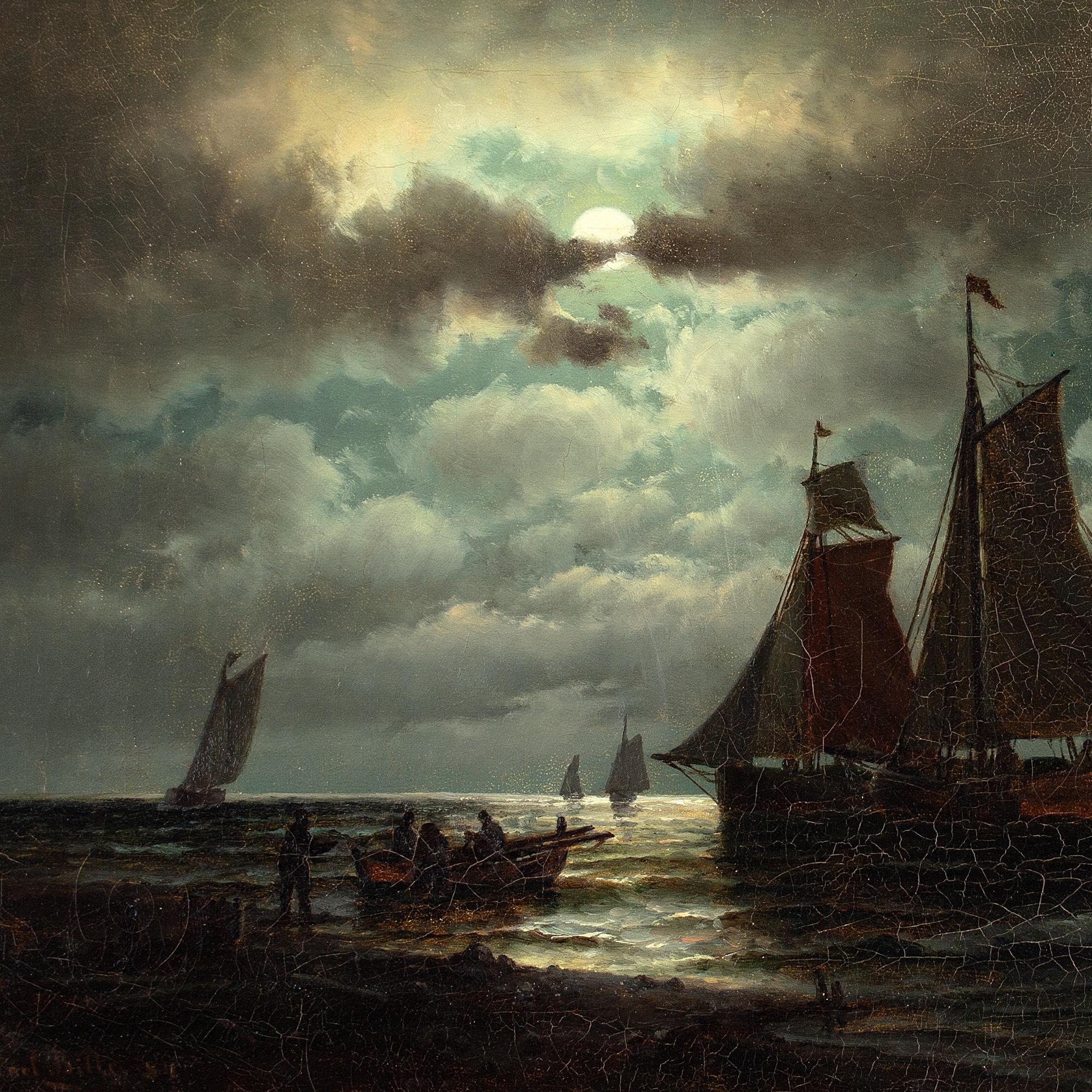 Carl Bille, Coastal Nocturne With Sailboats, Oil Painting  5