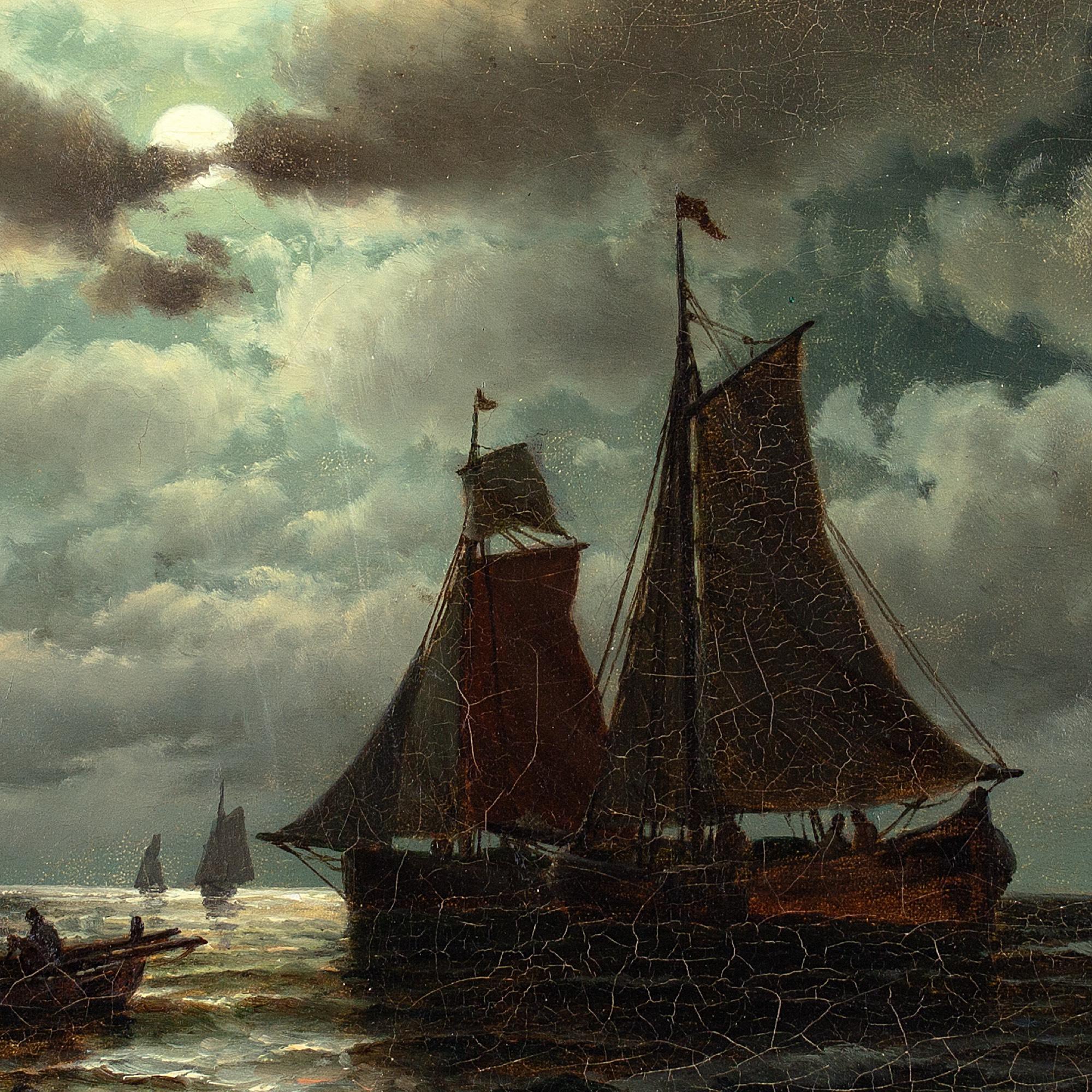 Carl Bille, Coastal Nocturne With Sailboats, Oil Painting  6