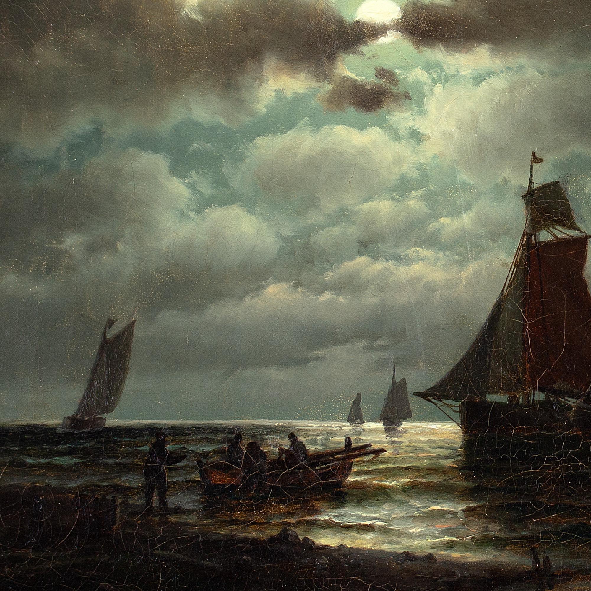Carl Bille, Coastal Nocturne With Sailboats, Oil Painting  7