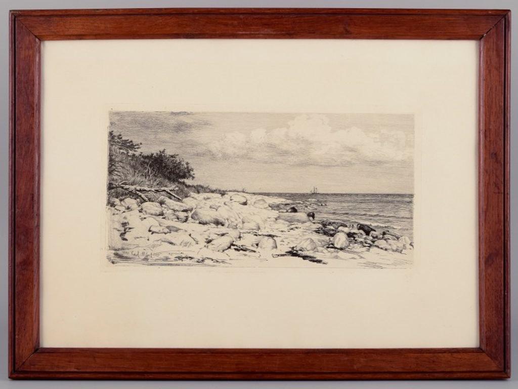 Carl Bloch (1834–1890). Etching on paper.
Danish coastal landscape with a sailboat on the horizon. From the northern coast of Zealand, Hornbæk Plantation.
Dated 1889.
In perfect condition.
Signed.
Total dimensions: 43.5 cm x 32.0 cm.
Antique frame