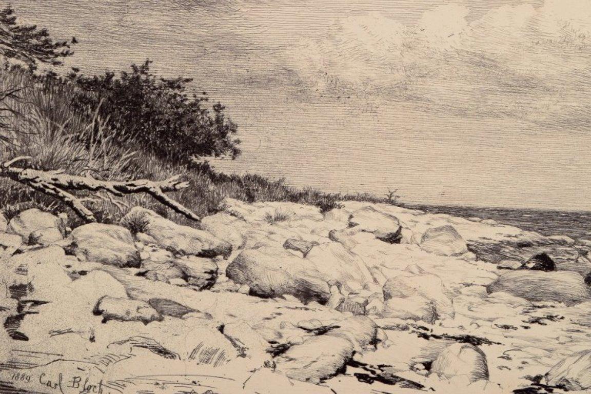 Carl Bloch (1834–1890). Etching on paper. Danish coastal landscape In Excellent Condition For Sale In Copenhagen, DK