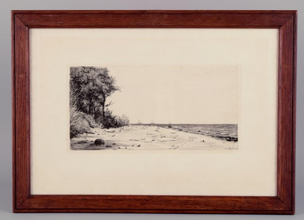 Carl Bloch (1834–1890). Etching on paper.
Danish coastal scene with sailboats on the sea. Hornbæk.
Dated 1883.
In good condition with a tear in the middle.
Signed.
Total dimensions: 42.2 cm x 30.2 cm.
Antique frame in dark oak.
