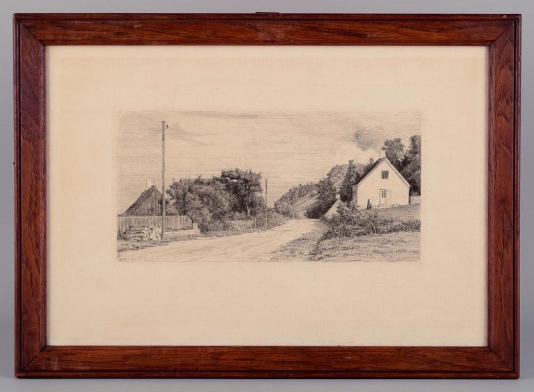 Carl Bloch (1834–1890). Etching on paper.
Houses by the road.
Dated 1883.
In perfect condition.
Signed.
Total dimensions: 42.0 cm x 30.5 cm.
Antique frame in dark oak.
