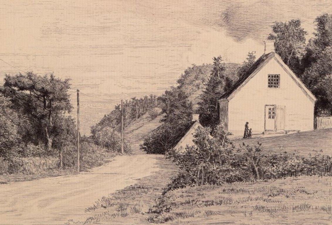 Danish Carl Bloch (1834–1890). Etching on paper. Houses by the road. For Sale