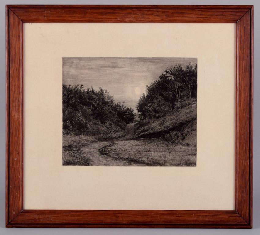 Carl Bloch (1834–1890). Etching on paper.
Moonlit summer evening.
Dated 1880.
In perfect condition.
Signed.
Total dimensions: 36.5 cm x 33.0 cm.
Antique frame in dark oak.
