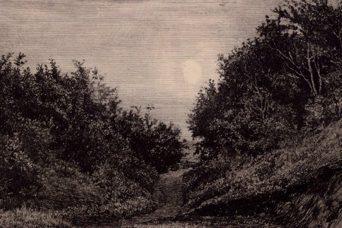 Danish Carl Bloch (1834–1890). Etching on paper. Moonlit summer evening. For Sale