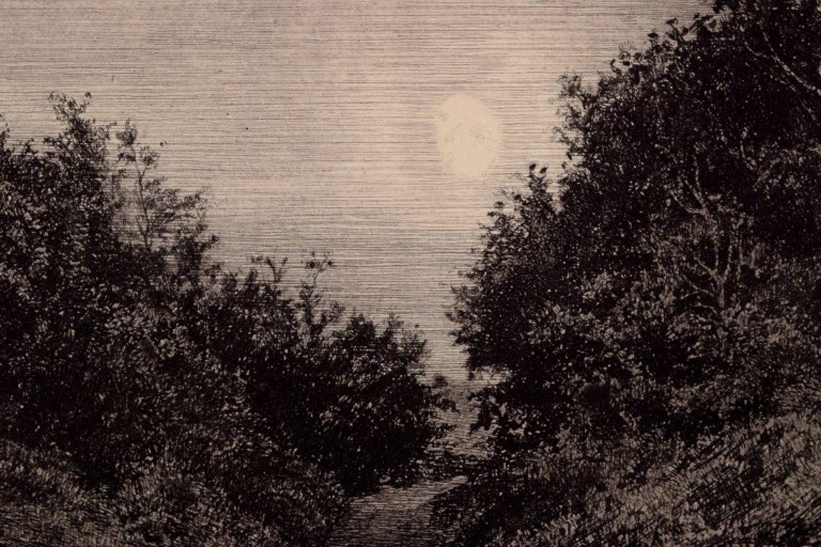 Carl Bloch (1834–1890). Etching on paper. Moonlit summer evening. In Excellent Condition For Sale In Copenhagen, DK