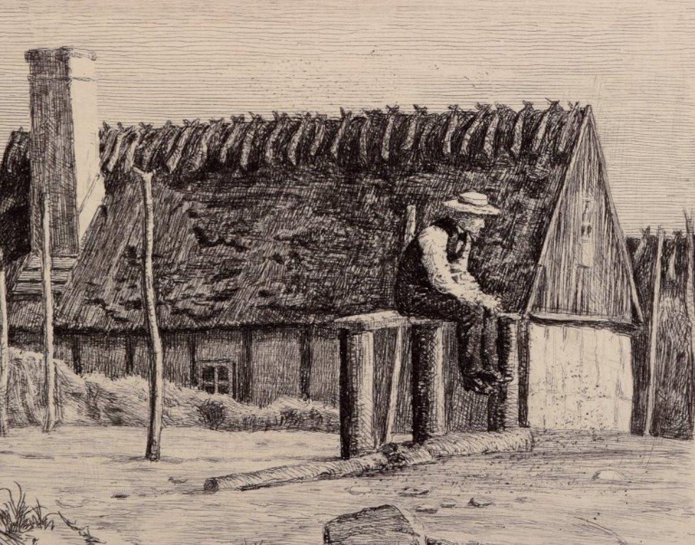 Danish Carl Bloch (1834–1890). Etching on paper. Village scene with seated fisherman  For Sale