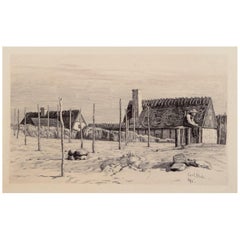 Carl Bloch (1834–1890). Etching on paper. Village scene with seated fisherman