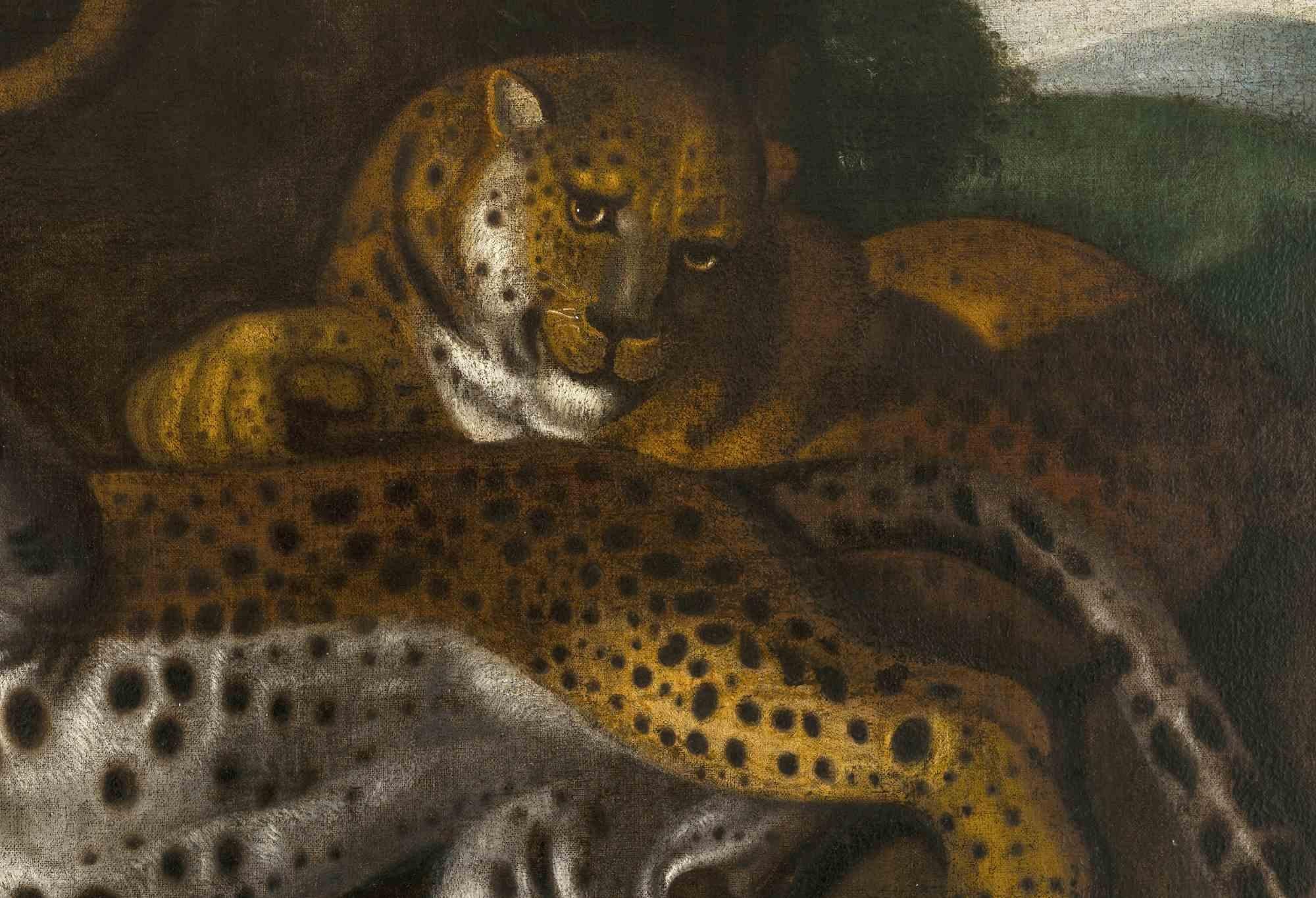 Tigres combattants et un lion - Huile sur toile - Milieu du 17ème siècle - Painting de Carl Borromäus A. Ruthart