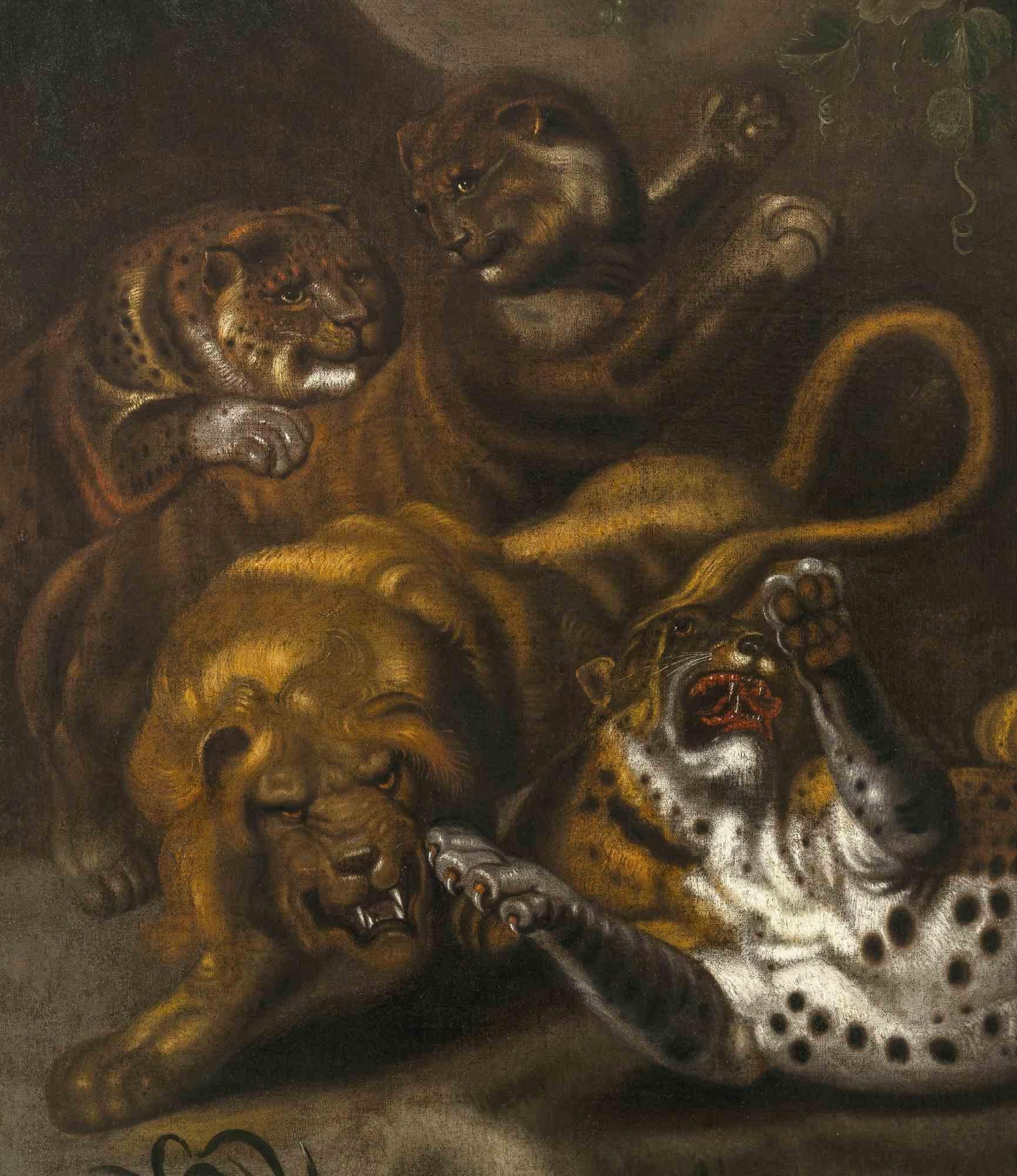 Tigres combattants et un lion - Huile sur toile - Milieu du 17ème siècle - Moderne Painting par Carl Borromäus A. Ruthart