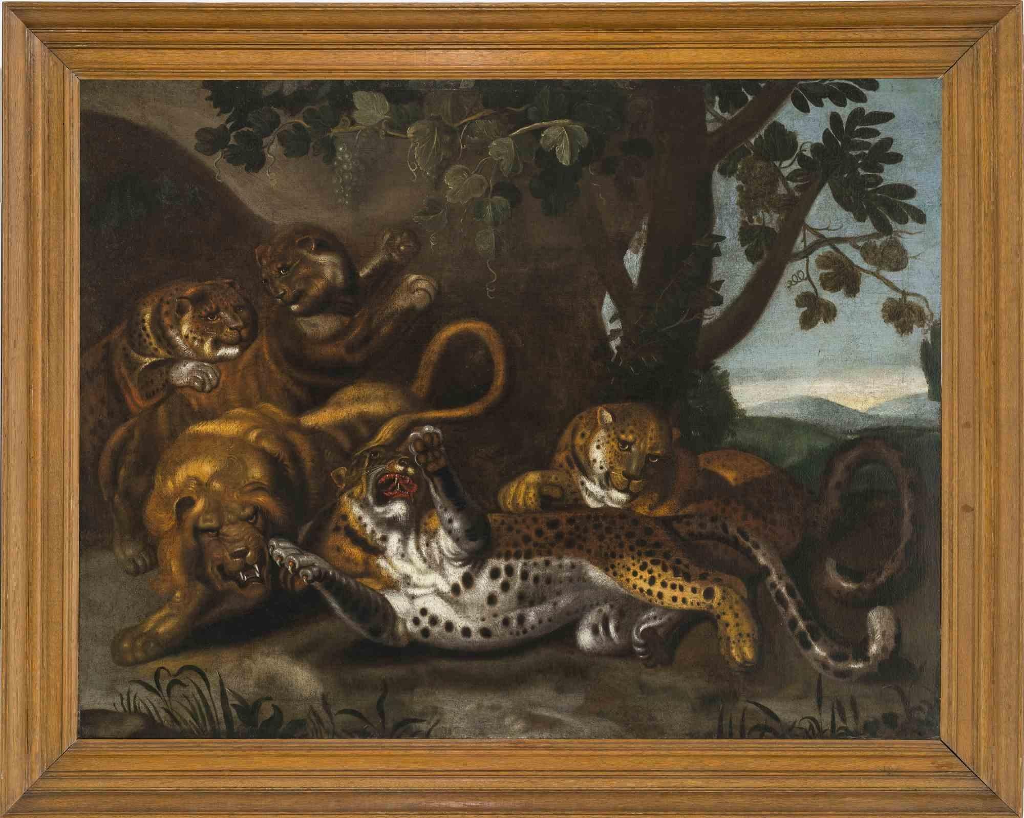 Tigres combattants et un lion - Huile sur toile - Milieu du 17ème siècle - Noir Figurative Painting par Carl Borromäus A. Ruthart