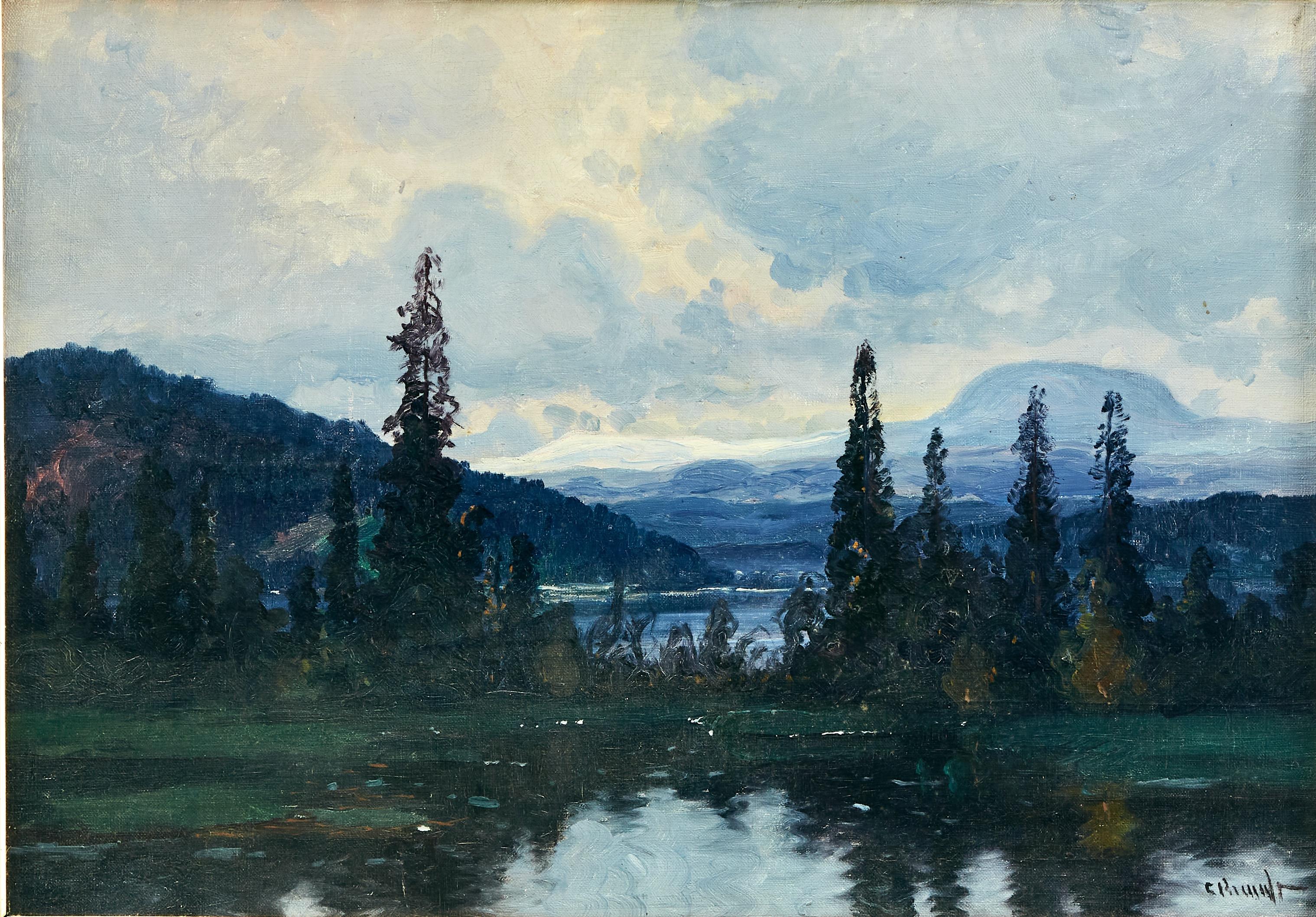  Nolbykullen et Ljungan, paysage de montagne suédois. Huile sur toile, circa 1900. - Painting de Carl Brandt