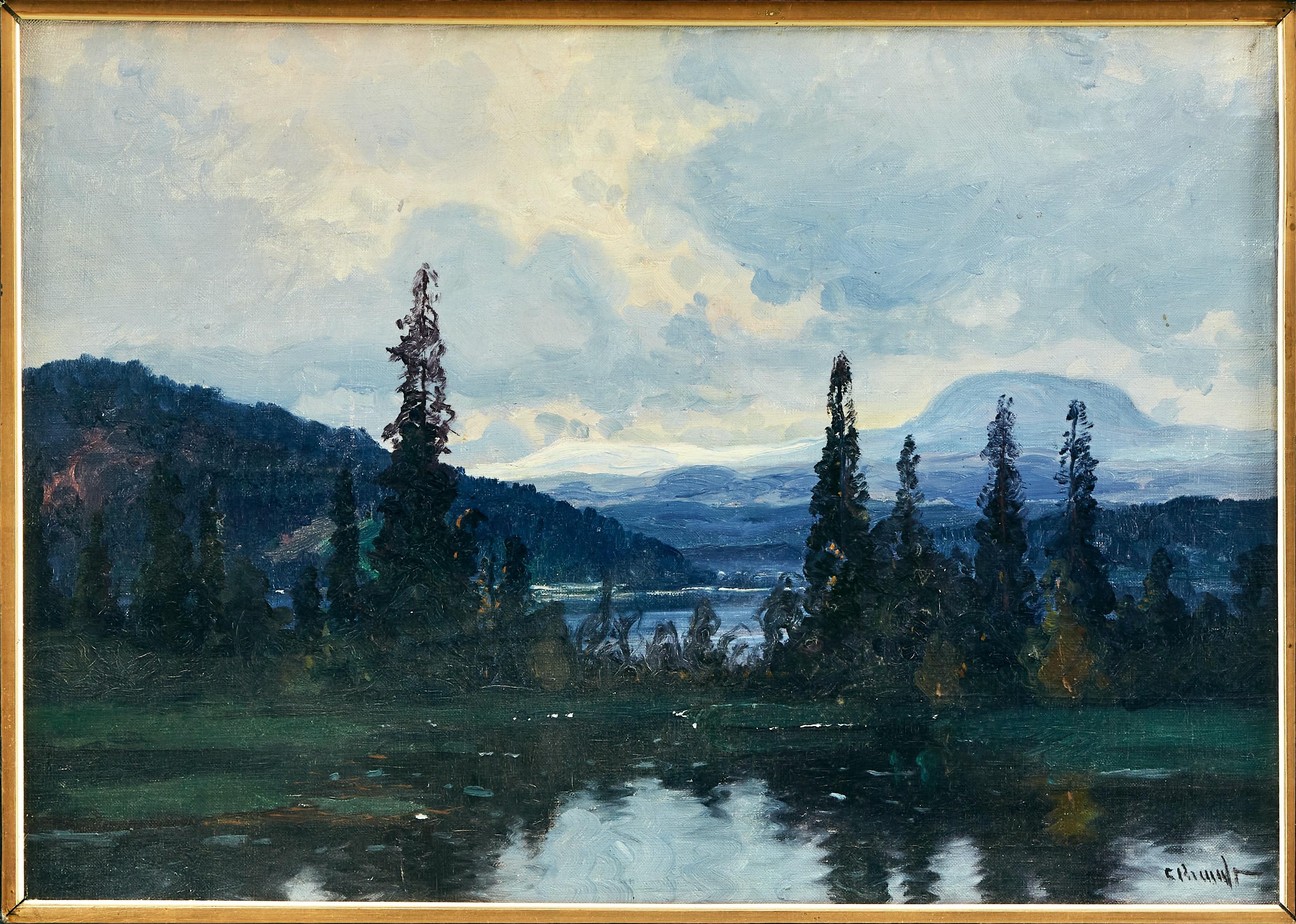 Paysage de montagne suédois avec un lac fluvial peint par Carl August Brandt (1871-1930). Huile sur toile peinte au début des années 1900. Signé C.C. Brandt. La vue représente la Ljungan, une rivière de 399 km de long, en direction de la montagne