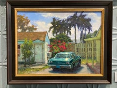 "1 E" Peinture à l'huile réaliste américaine d'une voiture de collection garée à l'extérieur d'un chalet