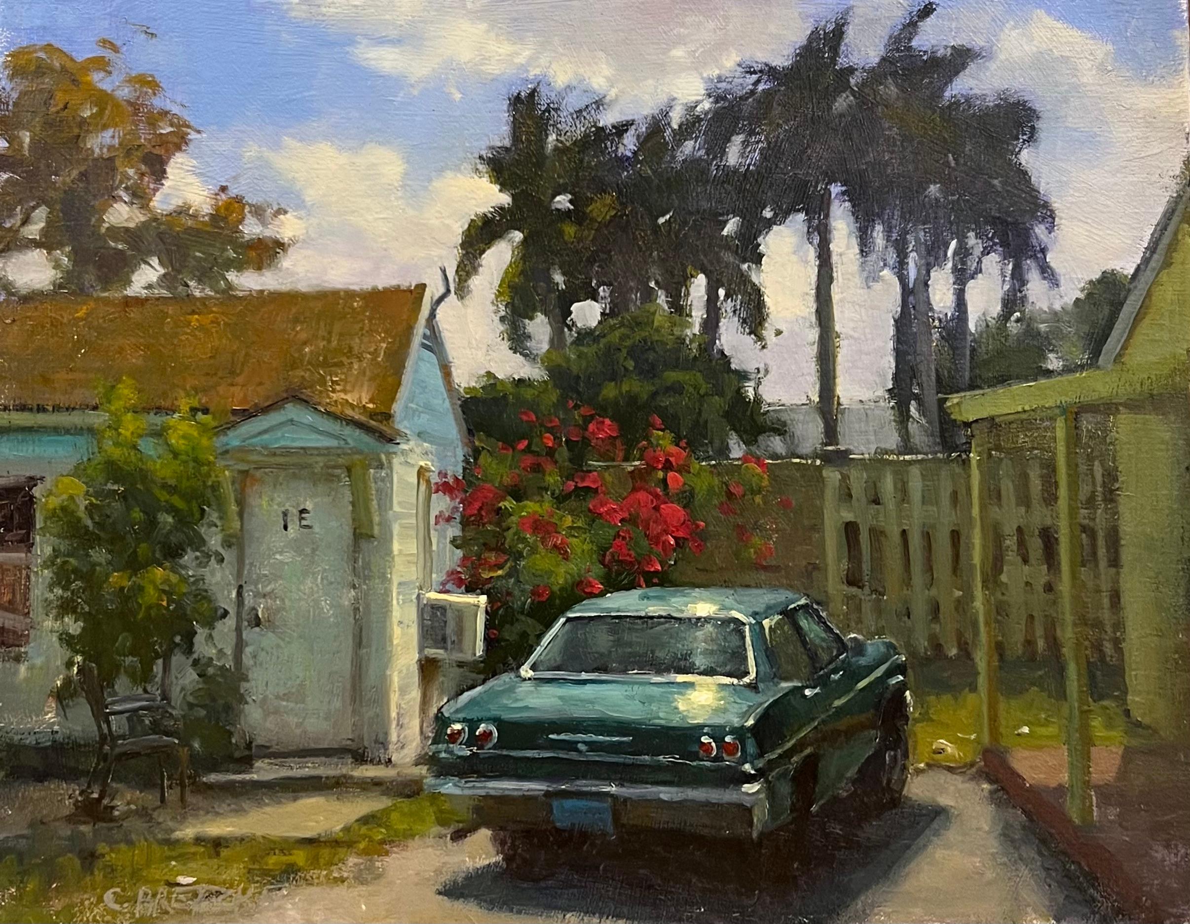 "1 E" Quadro ad olio realista americano di un'auto d'epoca parcheggiata all'esterno di un cottage