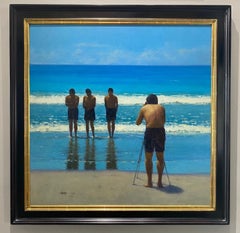 "Beach Photo" 2021 oil painting of figures photographed at the sea, blue ocean