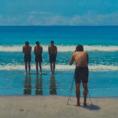 "Beach Photo" 2021 oil painting of figures photographed at the sea, blue ocean