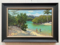 "By the Lagoon" Oil painting of tropical swimming cove, figures in bathing suits