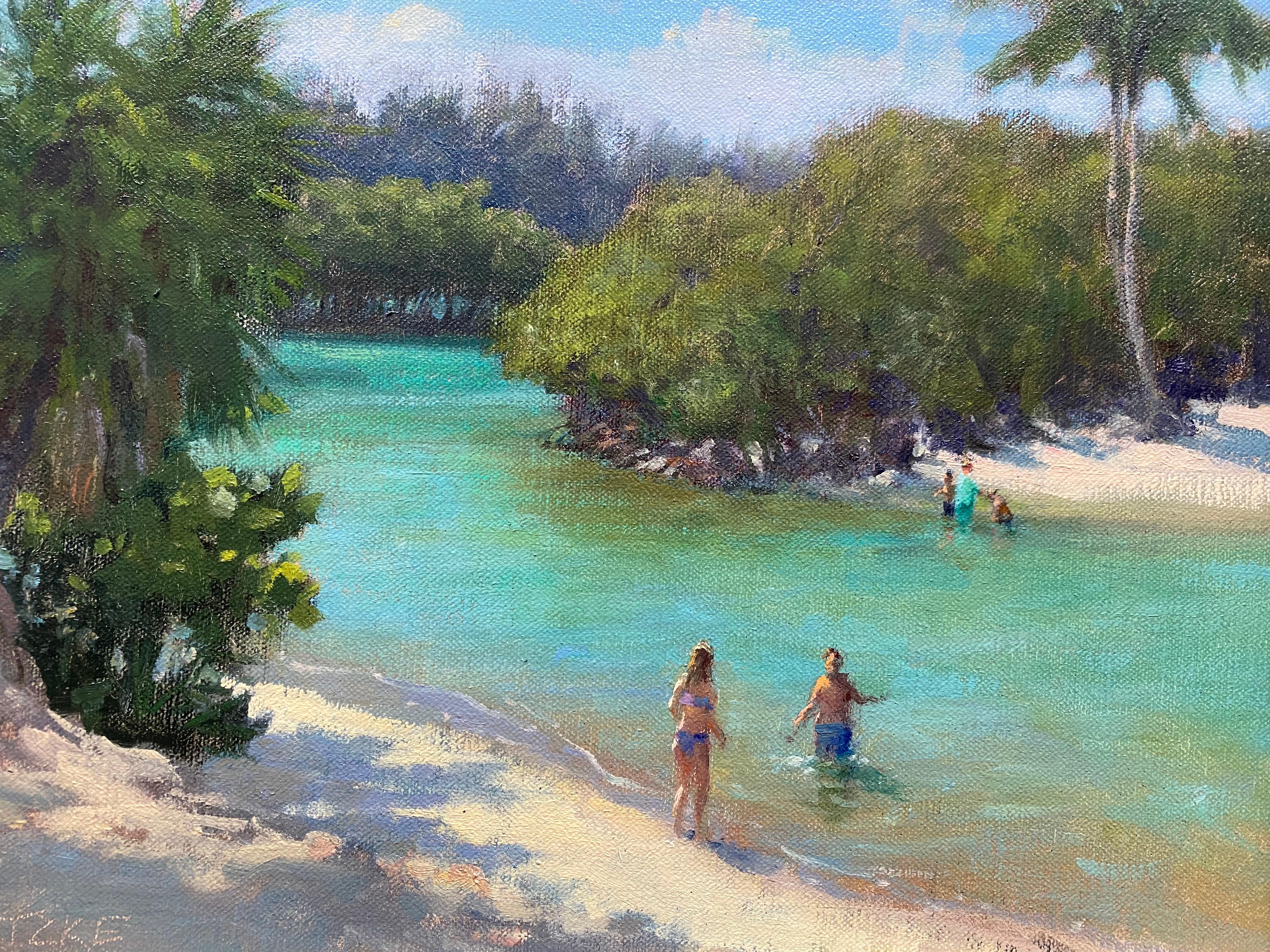 An oil painting of a tropical landscape. Crystal teal-blue water is surrounded by verdant bushes and palm trees, which cast dappled shadows onto the sand. A few figures splash around the shallow shoreline of the lagoon. 

Framed dimensions: 13.75 x