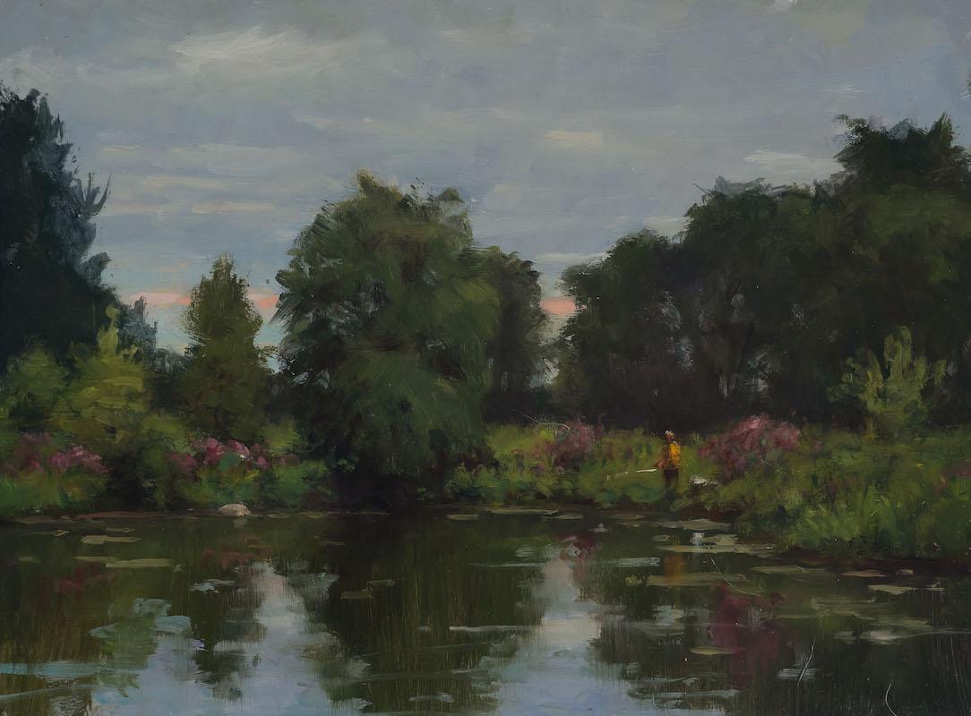 Carl Bretzke Landscape Painting – Bewölkter Tag am Teich
