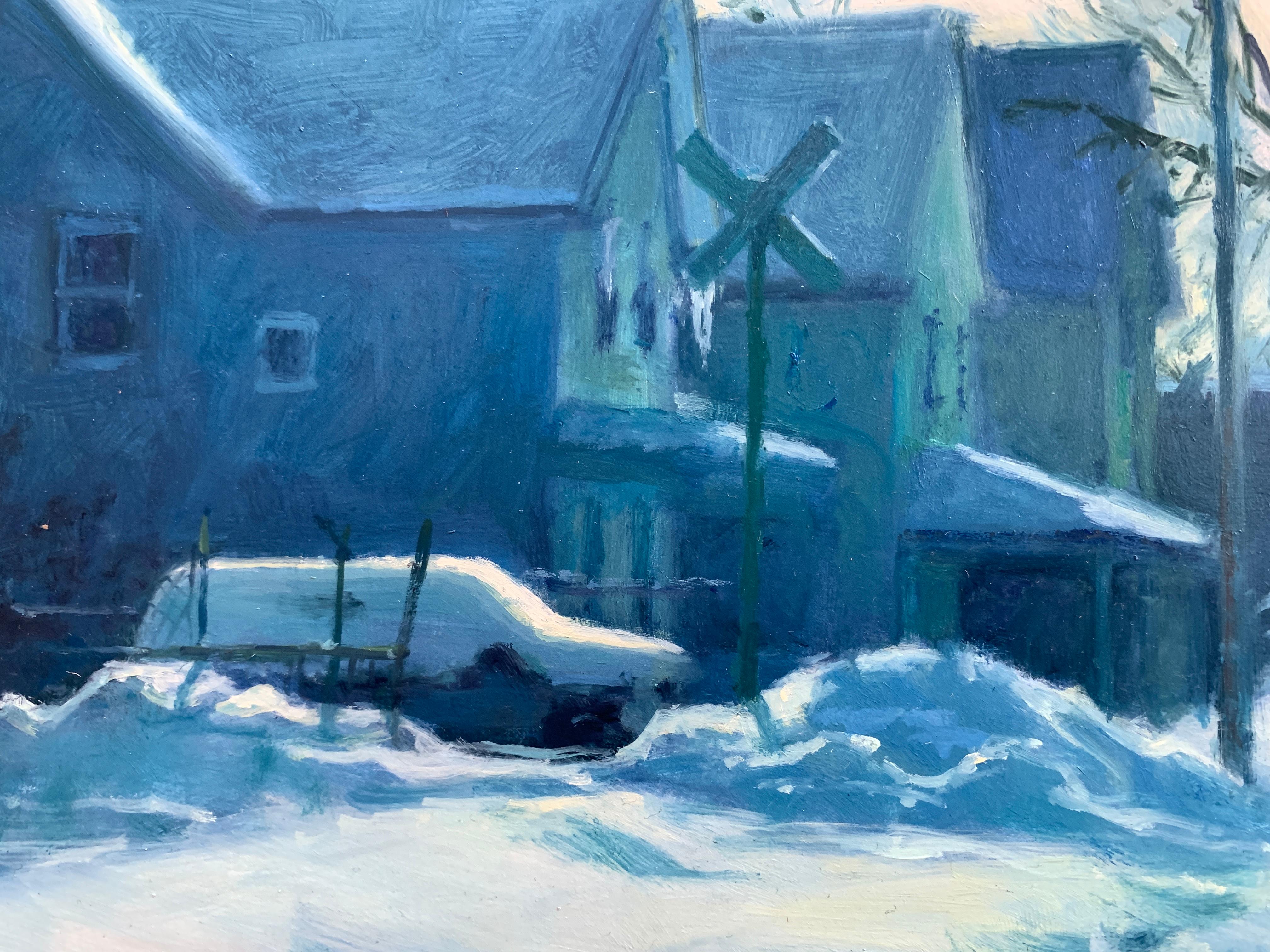 Cold Day by the Tracks - Blue Figurative Painting by Carl Bretzke