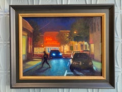 "Crossing Washington Street" American Realism exterior nocturn with neon lights