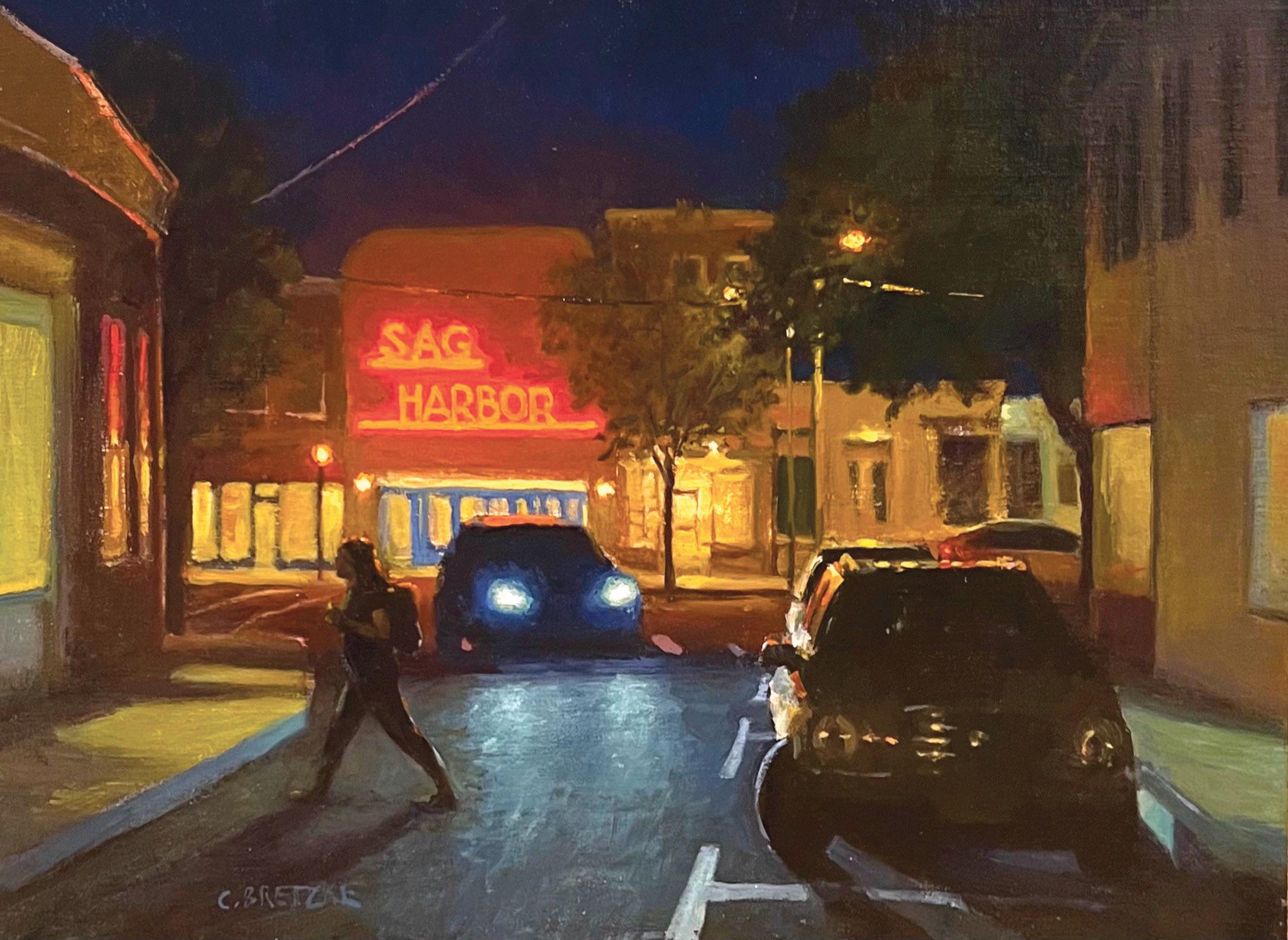 Carl Bretzke Figurative Painting - "Crossing Washington Street" American Realism exterior nocturn with neon lights