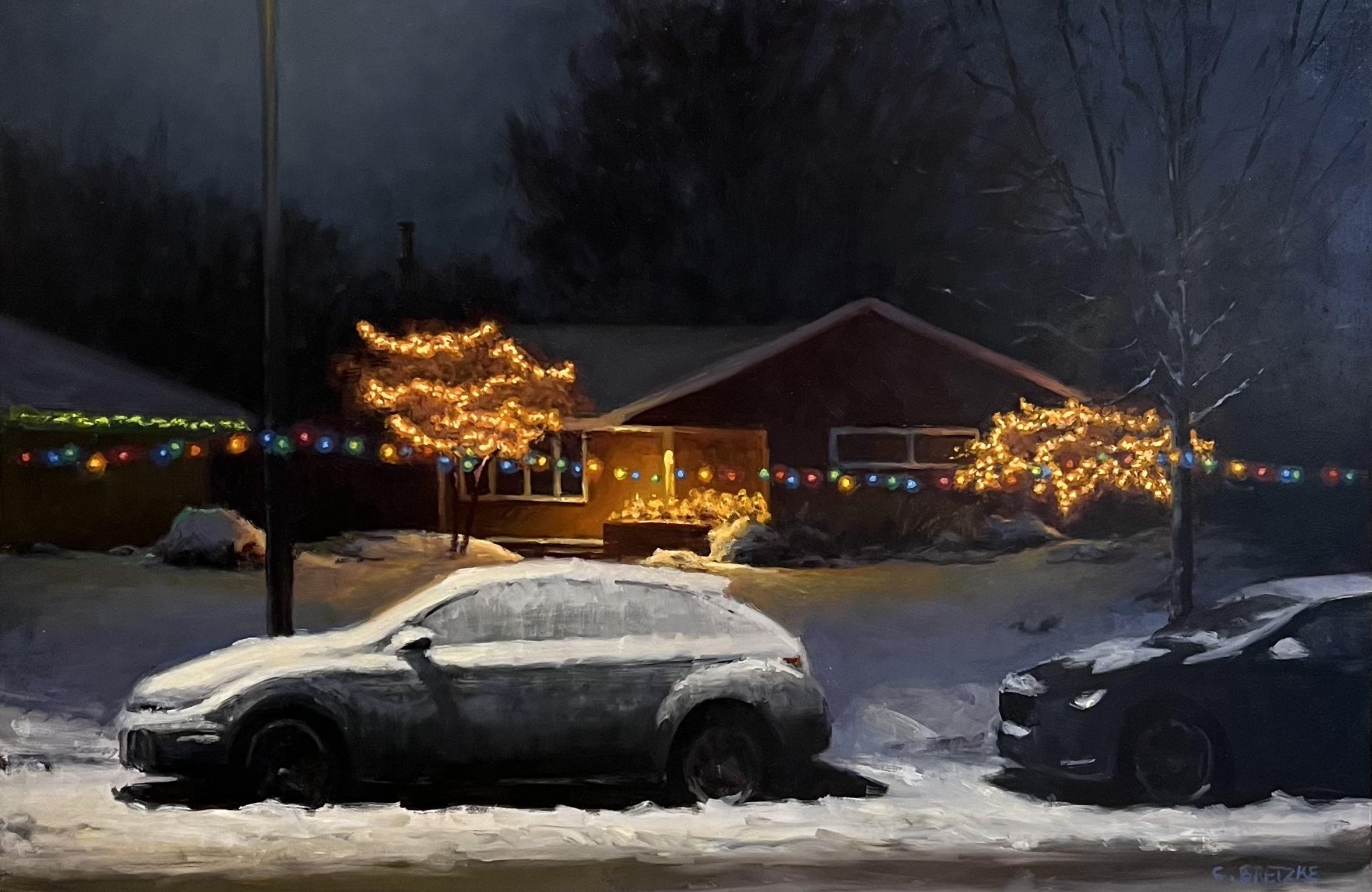 „December Snow on Cars“ 2023 Schneewittchen-Gemälde des amerikanischen Realismus in Minnesota