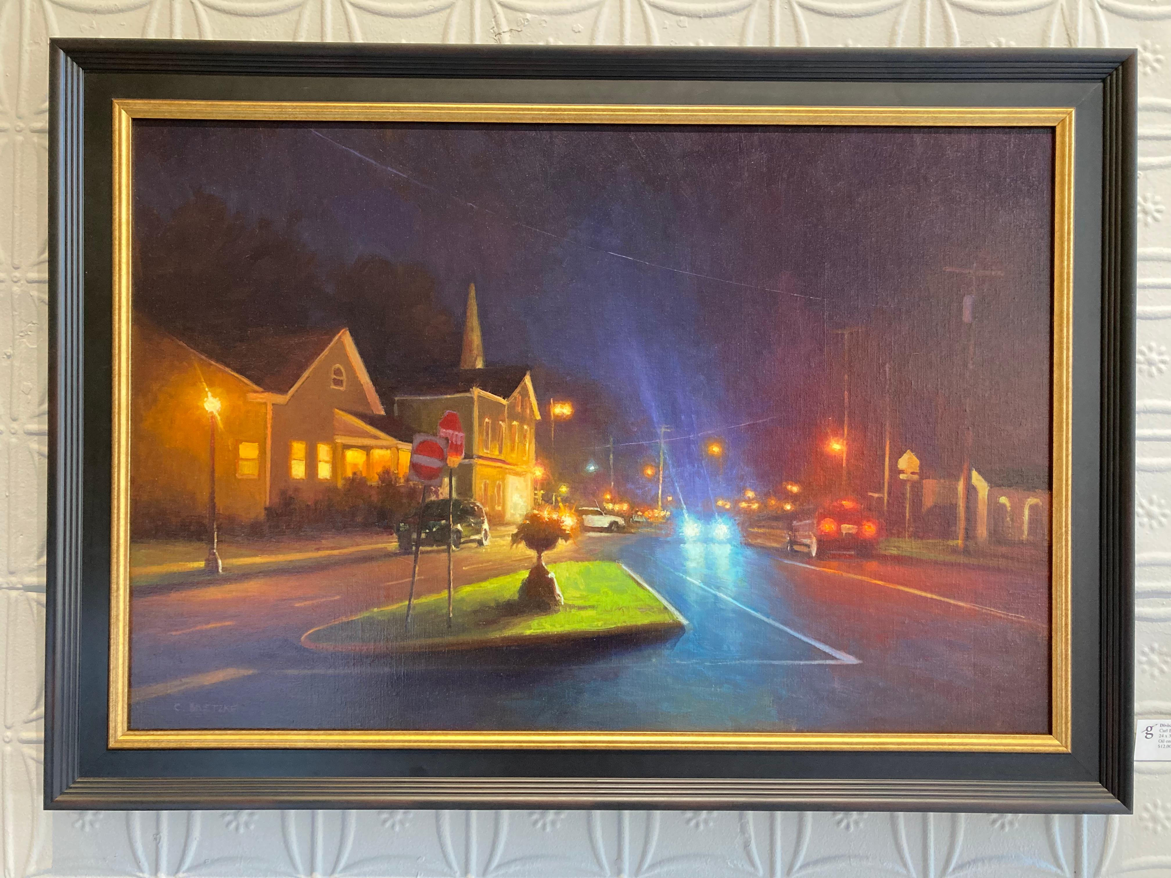 Division Street at Night - 2023, American realist nocturne by Carl Bretzke For Sale 1