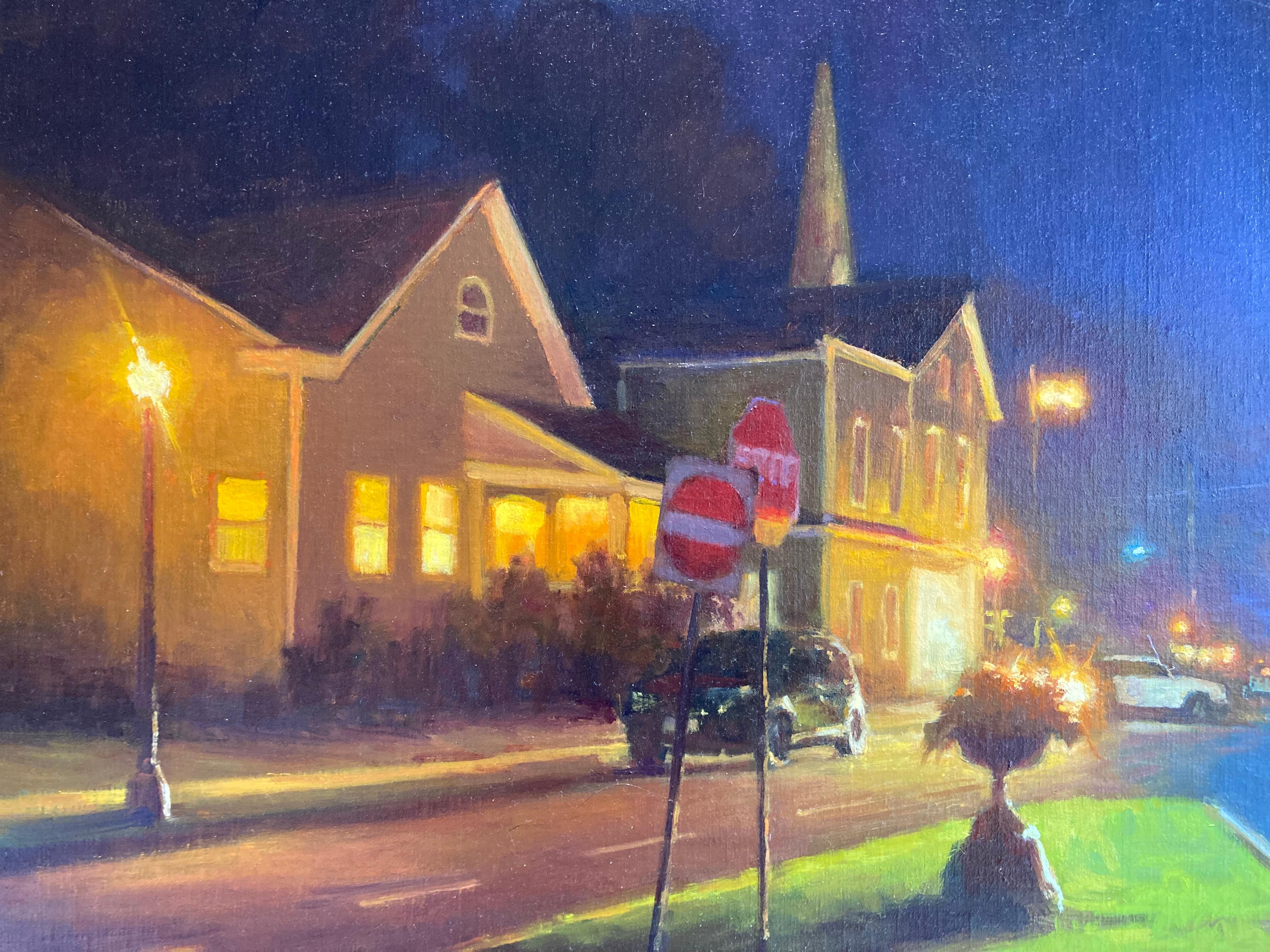 Division Street at Night - 2023, American realist nocturne by Carl Bretzke For Sale 5